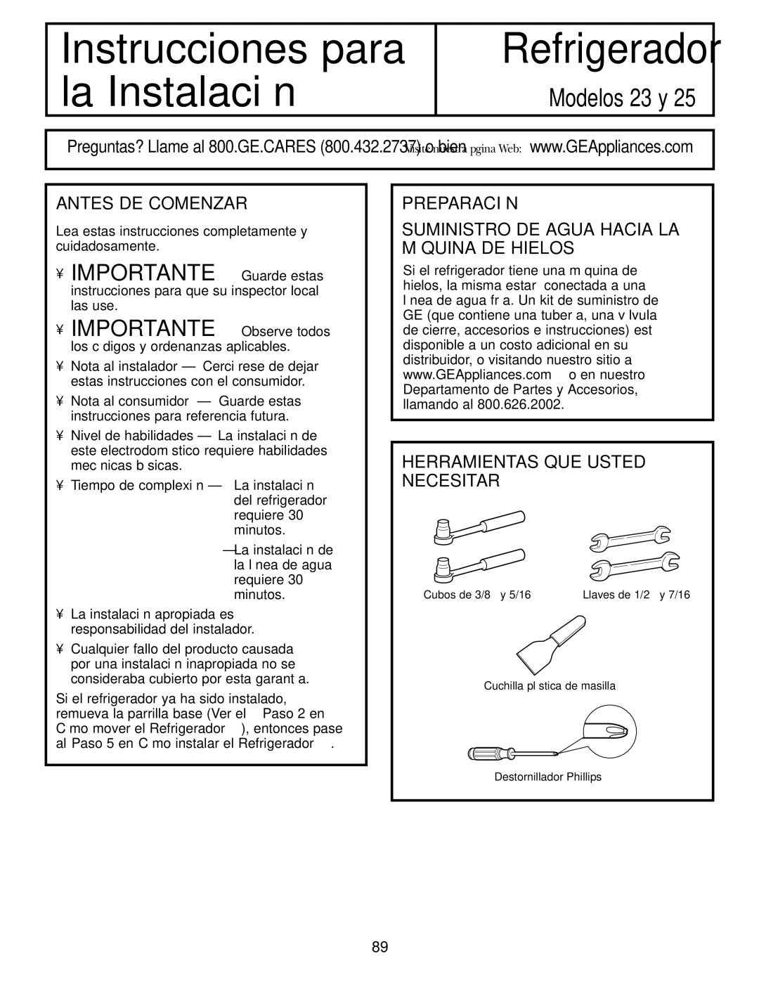 GE 23, 25 operating instructions Instrucciones para la Instalación Refrigerador, Antes DE Comenzar 