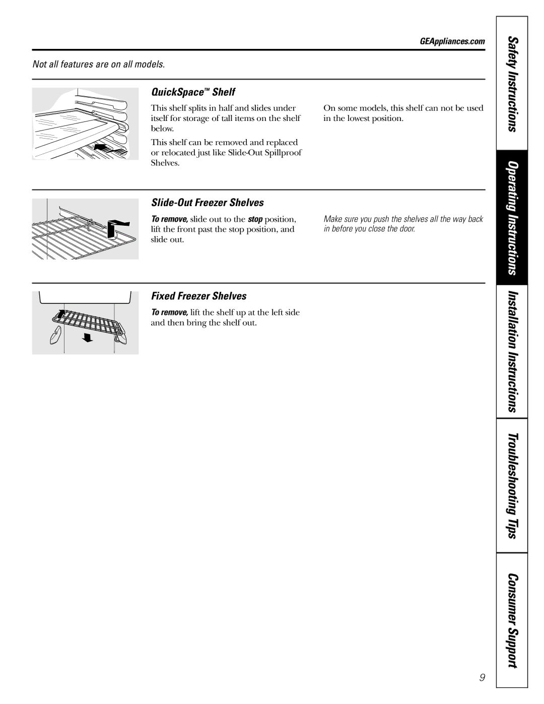 GE 23, 25 QuickSpace Shelf, Slide-Out Freezer Shelves, Fixed Freezer Shelves, Before you close the door 