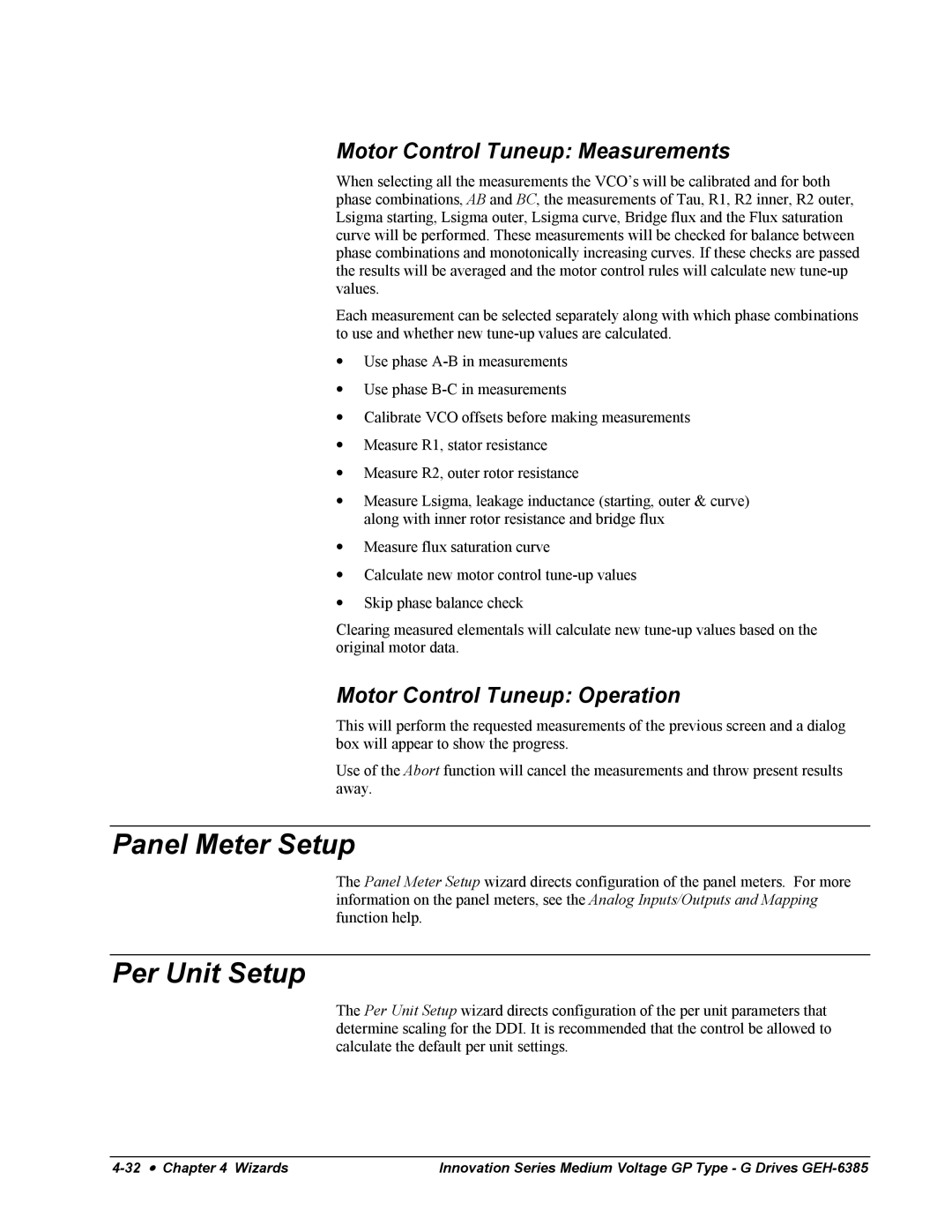 GE 2300 V manual Panel Meter Setup, Per Unit Setup, Motor Control Tuneup Measurements, Motor Control Tuneup Operation 