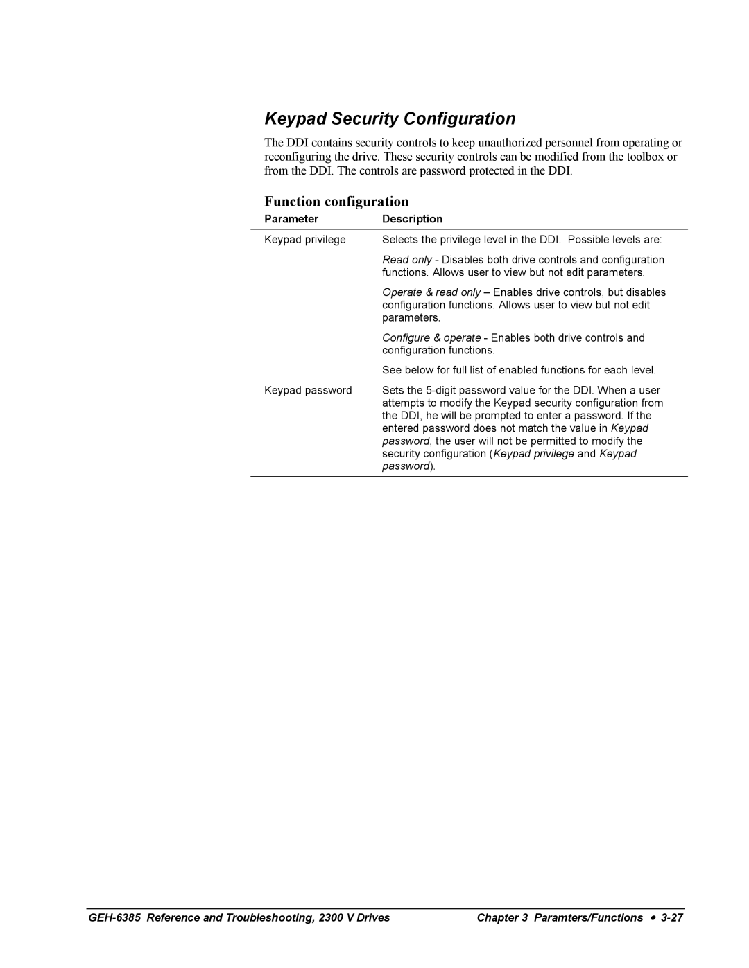 GE Medium Voltage GP Type G Drives, 2300 V manual Keypad Security Configuration, Password 