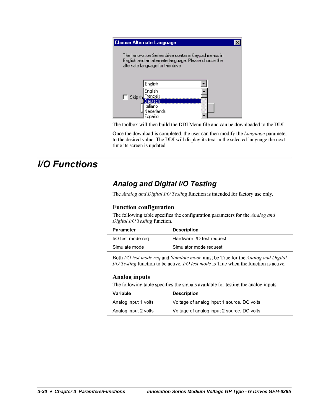 GE 2300 V, Medium Voltage GP Type G Drives manual Functions, Analog and Digital I/O Testing, Analog inputs 