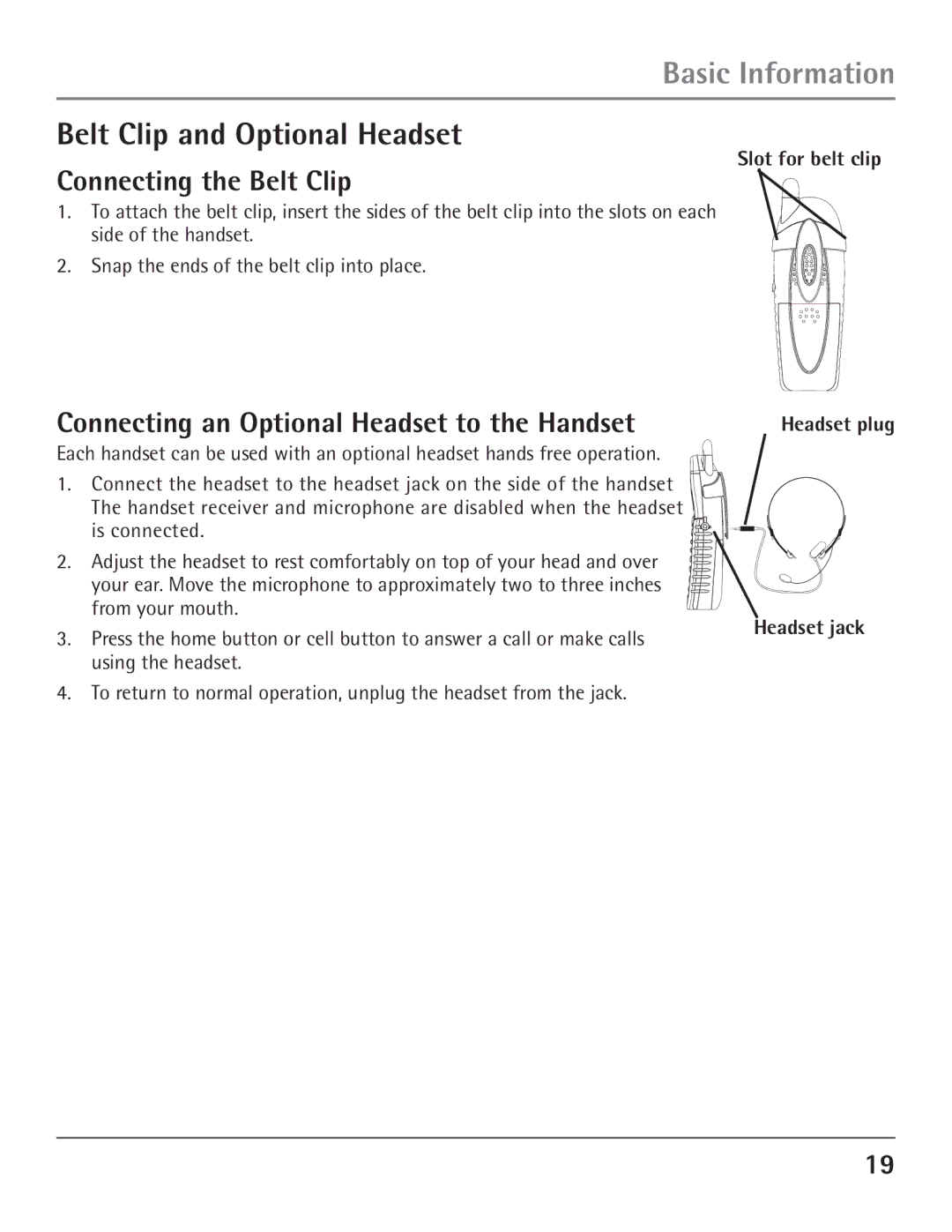 GE 00004007, 23200 Belt Clip and Optional Headset, Connecting the Belt Clip, Connecting an Optional Headset to the Handset 