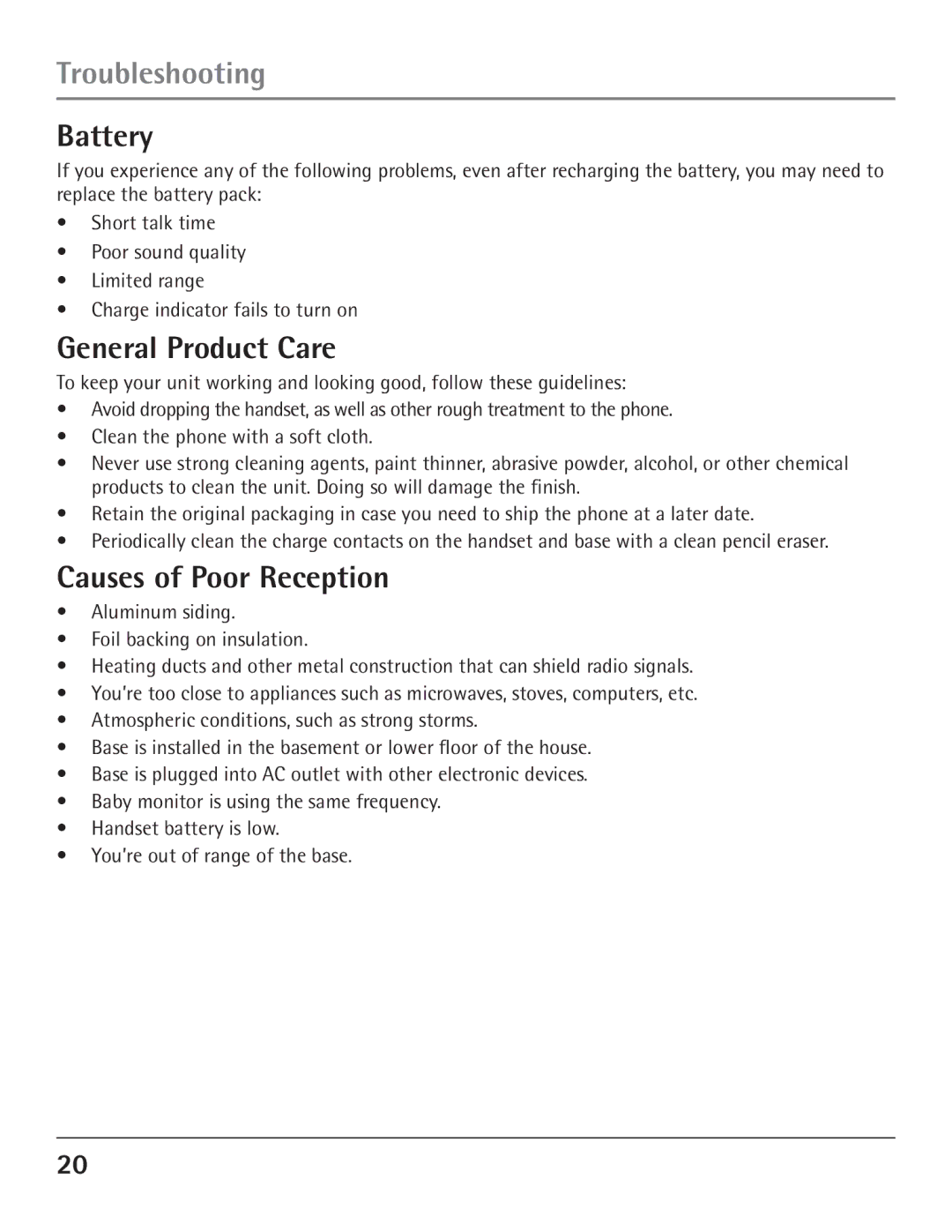 GE 23200, 00004007 manual Troubleshooting, Battery, General Product Care, Causes of Poor Reception 