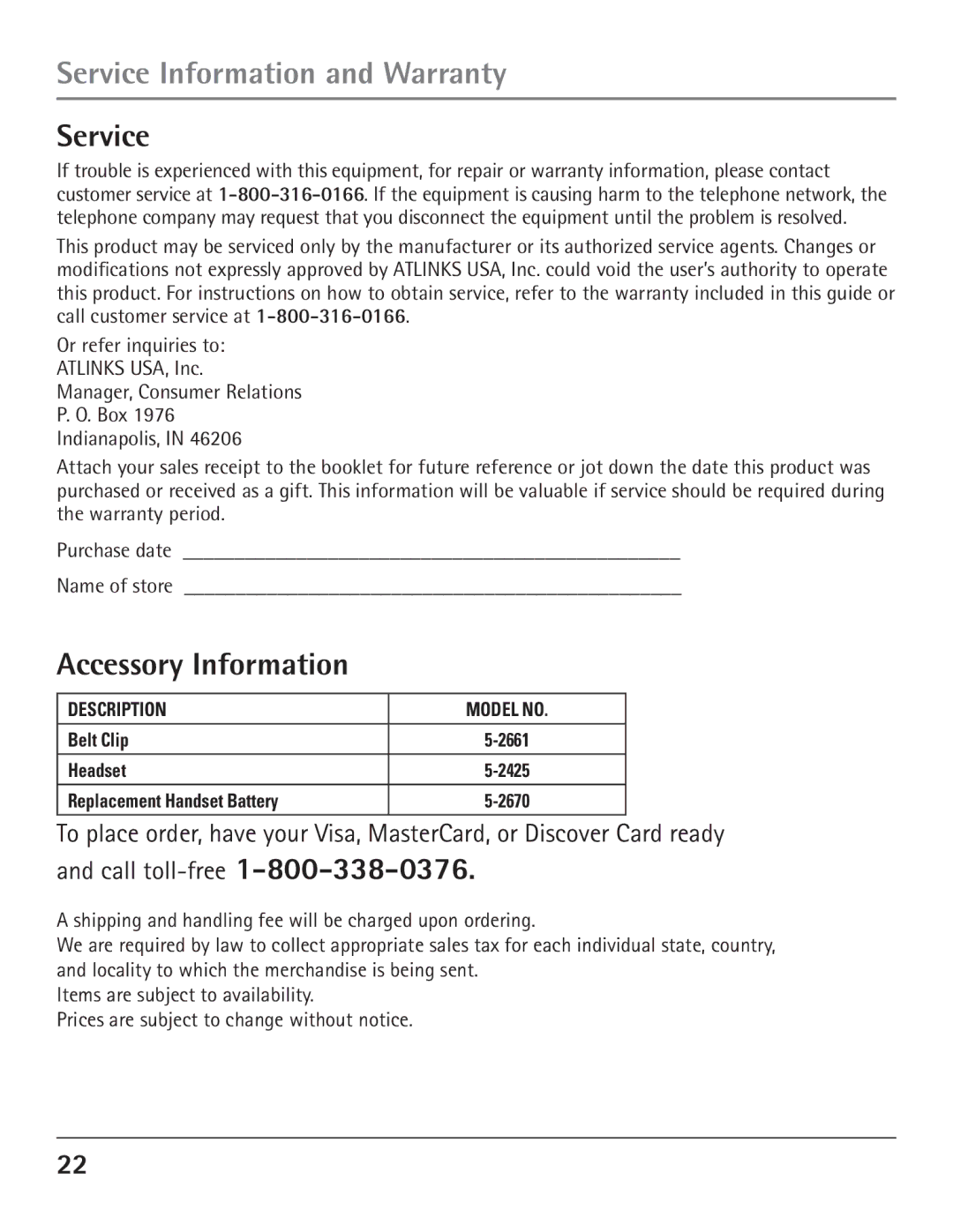 GE 23200, 00004007 manual Service Information and Warranty, Accessory Information 