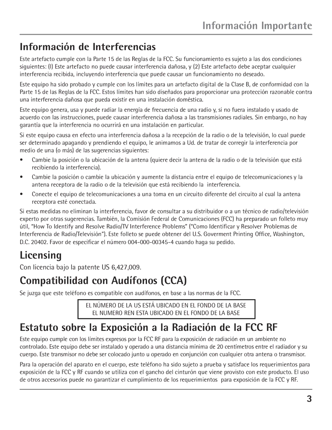 GE 00004007, 23200 manual Compatibilidad con Audífonos CCA, Estatuto sobre la Exposición a la Radiación de la FCC RF 