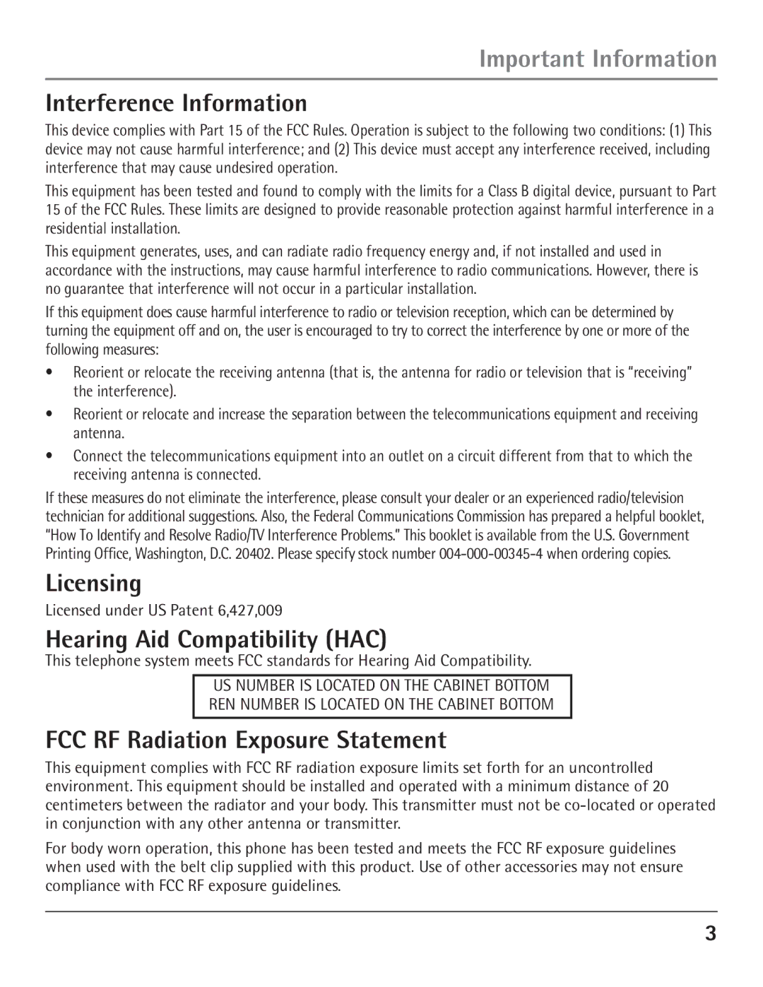 GE 00004007, 23200 Interference Information, Licensing, Hearing Aid Compatibility HAC, FCC RF Radiation Exposure Statement 