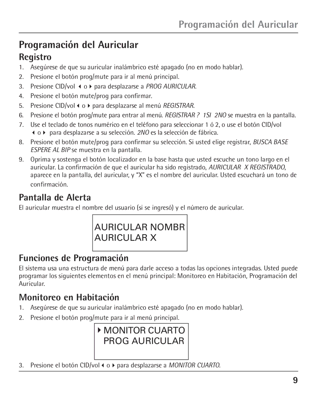 GE 00004007, 23200 manual Programación del Auricular 