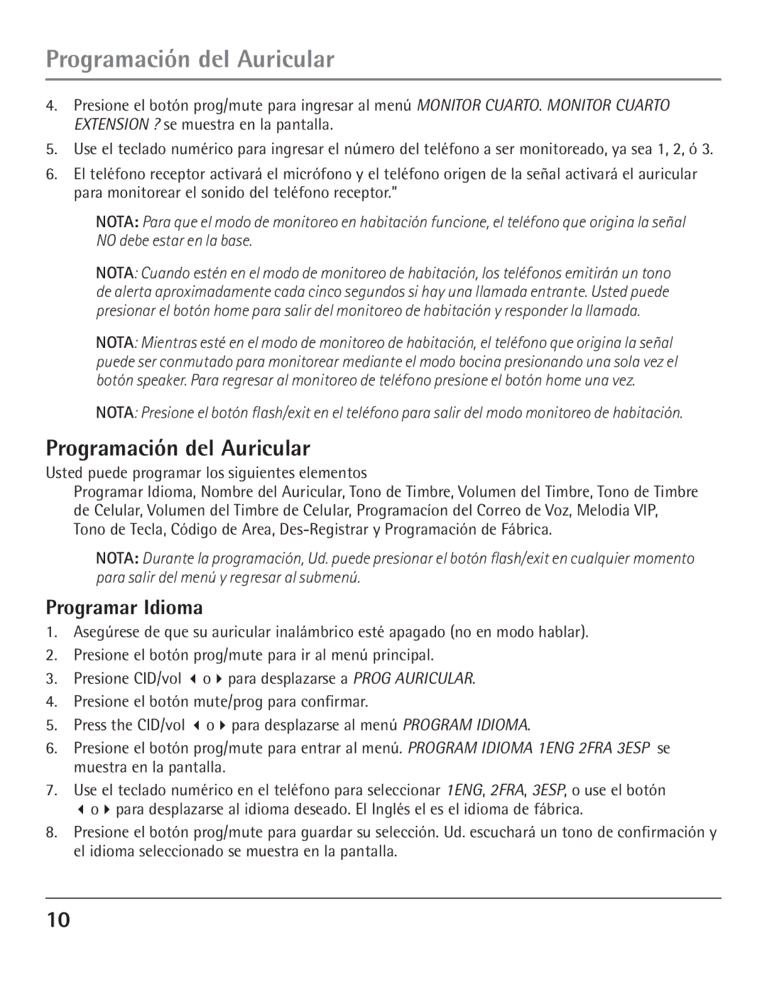 GE 23200, 00004007 manual Programación del Auricular, Programar Idioma, Usted puede programar los siguientes elementos 