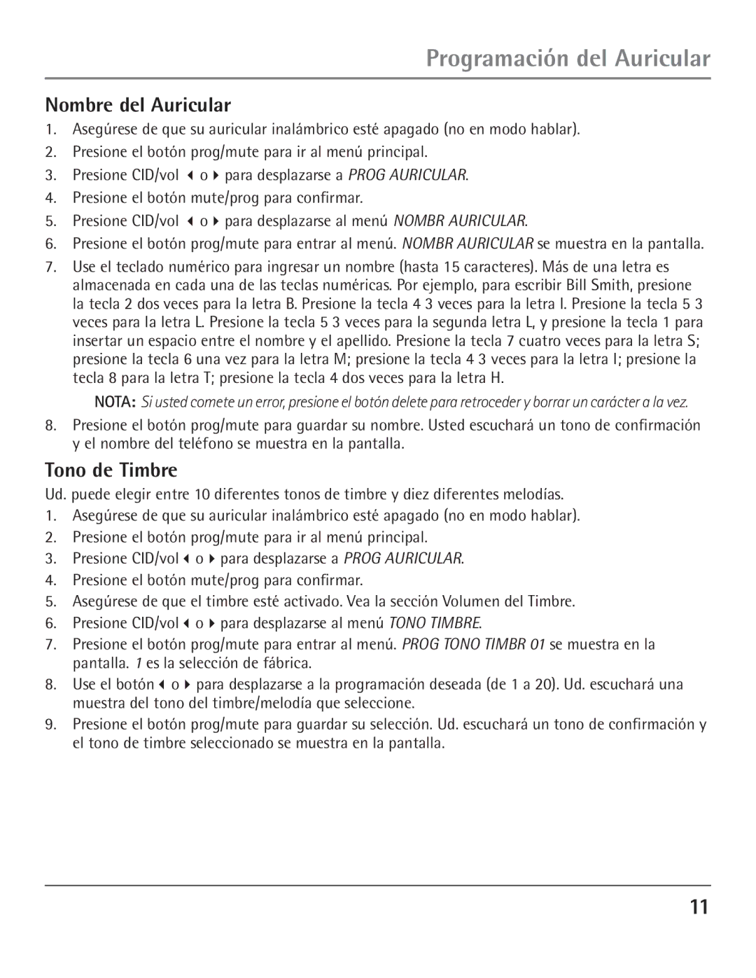 GE 00004007, 23200 manual Nombre del Auricular, Tono de Timbre 