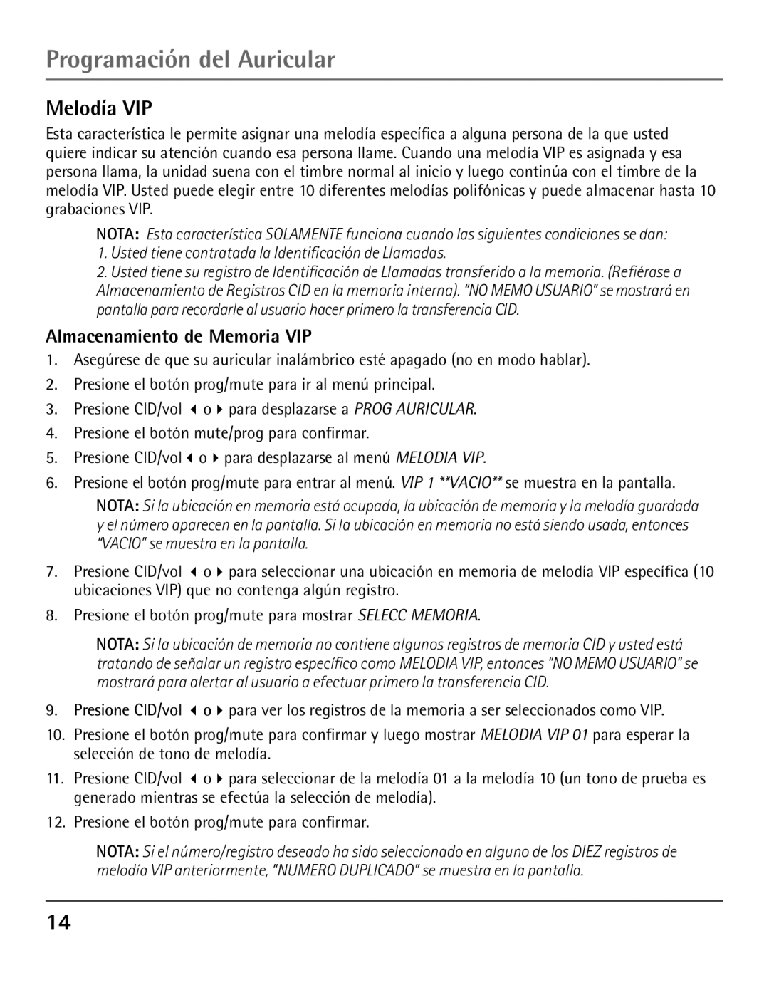 GE 23200, 00004007 manual Melodía VIP, Almacenamiento de Memoria VIP 