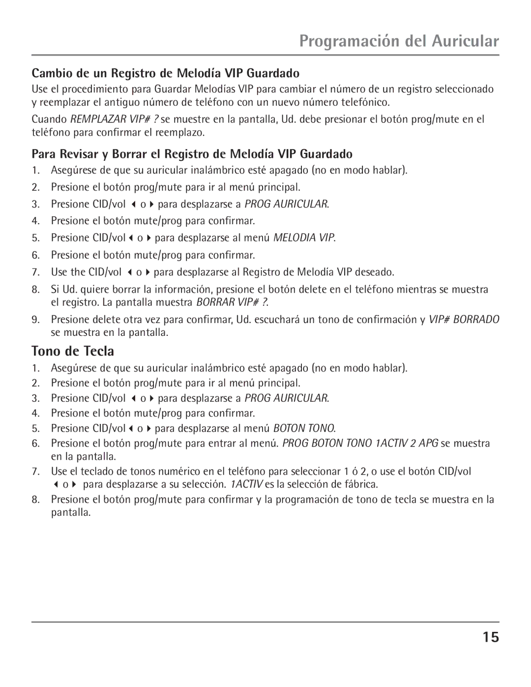 GE 00004007, 23200 manual Tono de Tecla, Cambio de un Registro de Melodía VIP Guardado 