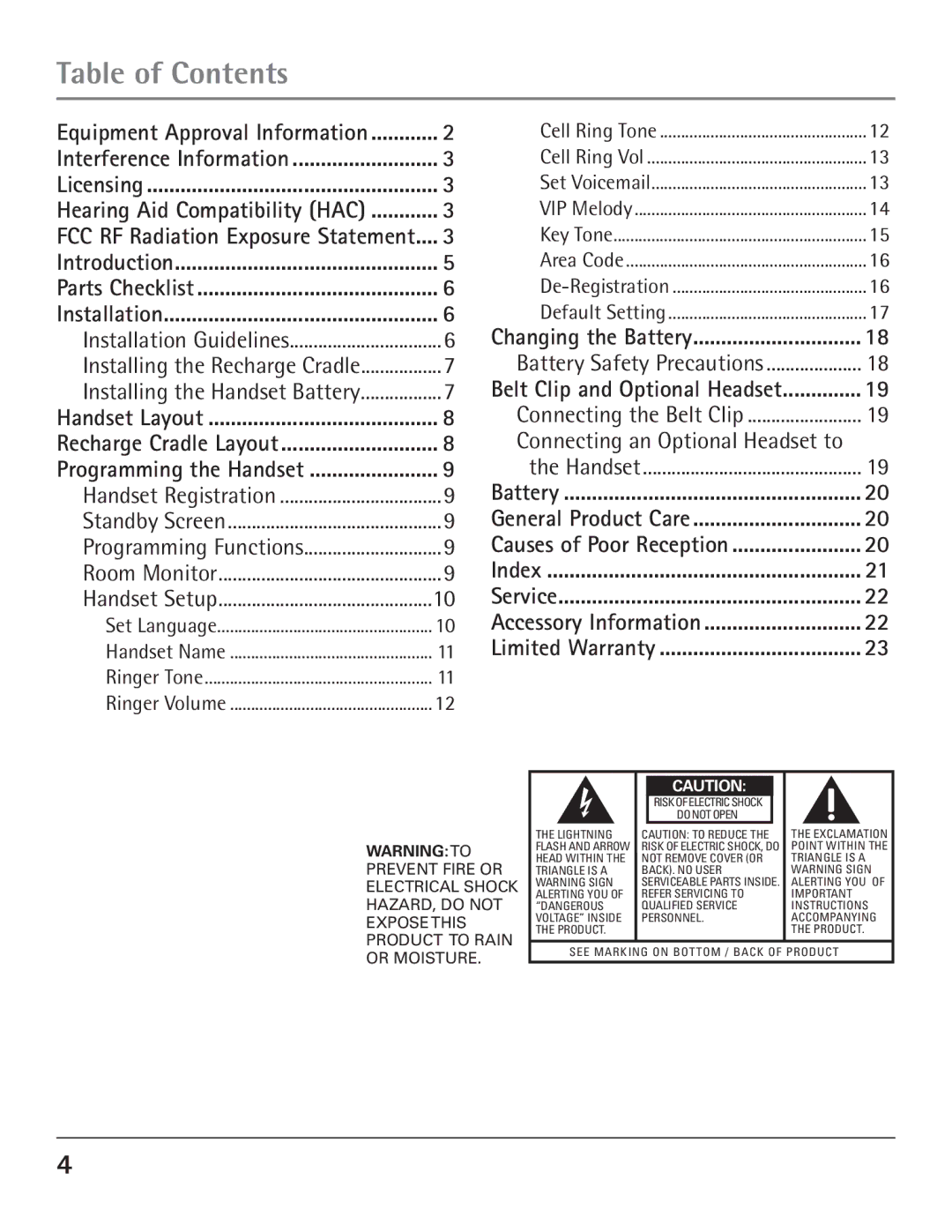 GE 23200, 00004007 manual Table of Contents 