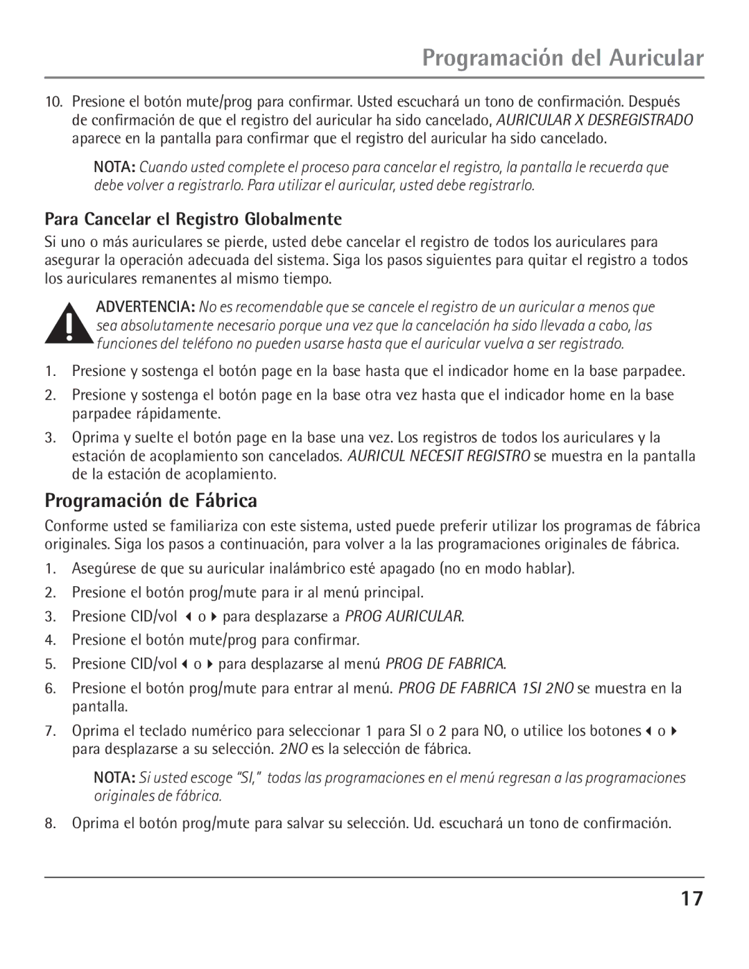 GE 00004007, 23200 manual Programación de Fábrica, Para Cancelar el Registro Globalmente 