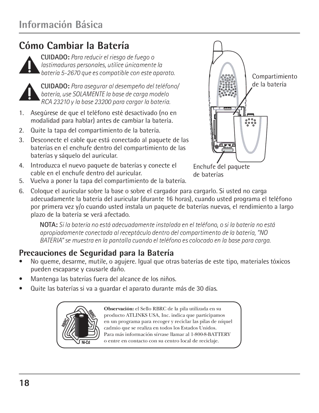 GE 23200, 00004007 manual Información Básica, Cómo Cambiar la Batería, Precauciones de Seguridad para la Batería 