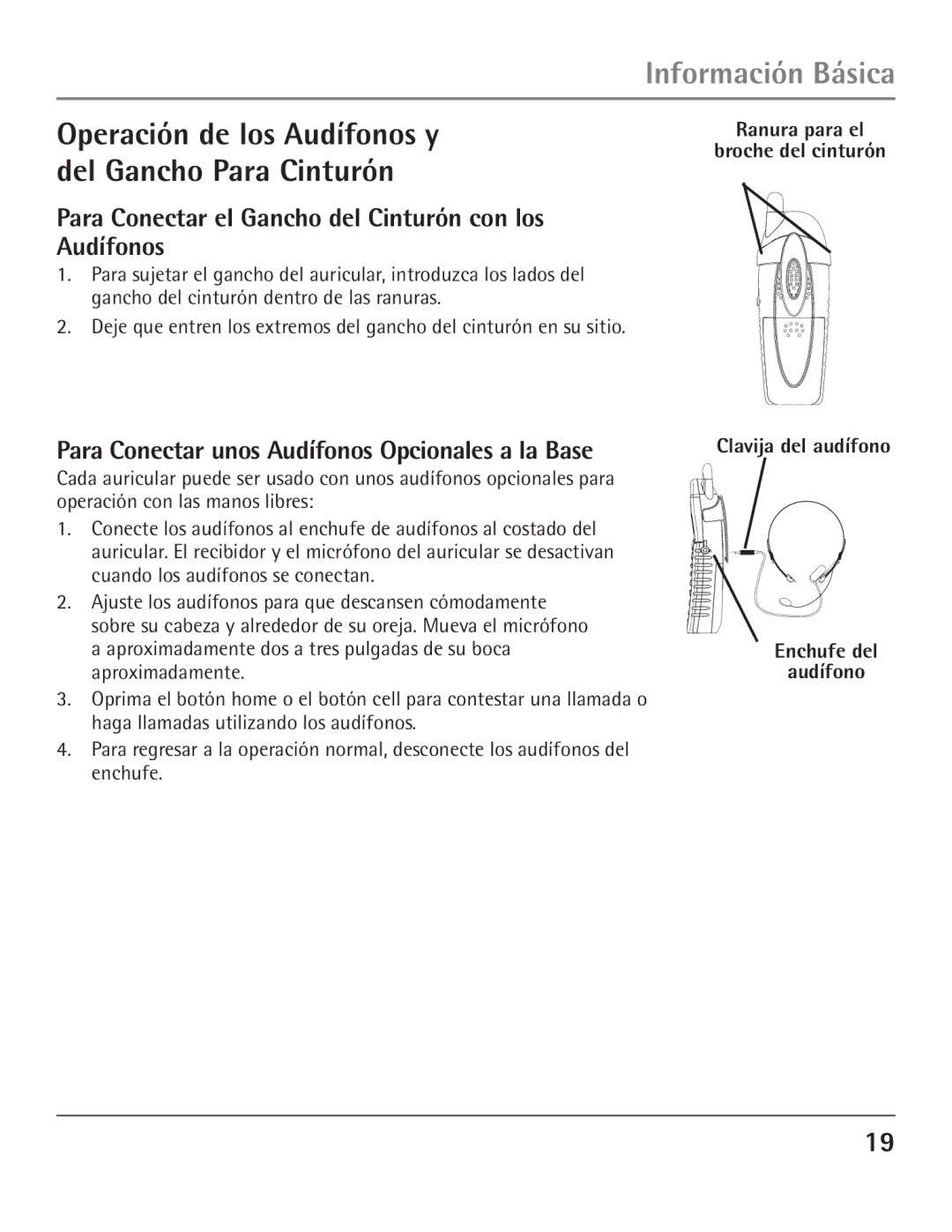 GE 00004007 Operación de los Audífonos y del Gancho Para Cinturón, Para Conectar el Gancho del Cinturón con los Audífonos 