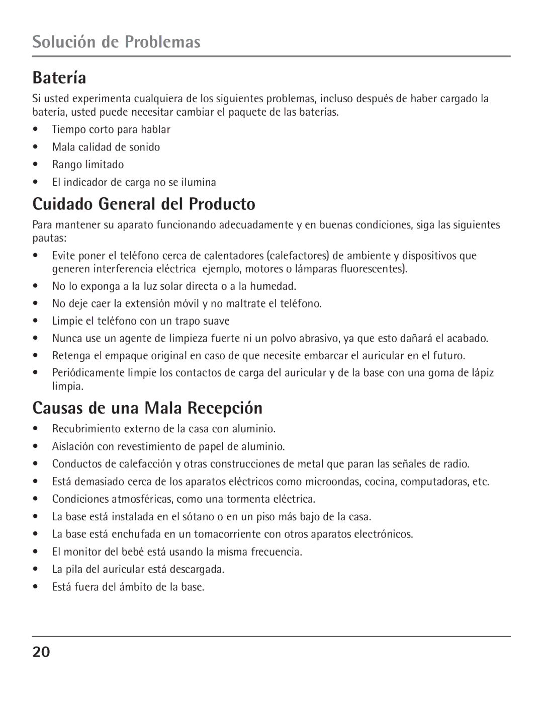 GE 23200, 00004007 manual Solución de Problemas, Batería, Cuidado General del Producto, Causas de una Mala Recepción 