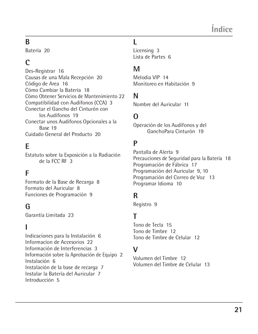 GE 00004007, 23200 manual Índice, Batería Des-Registrar, Cómo Cambiar la Batería 