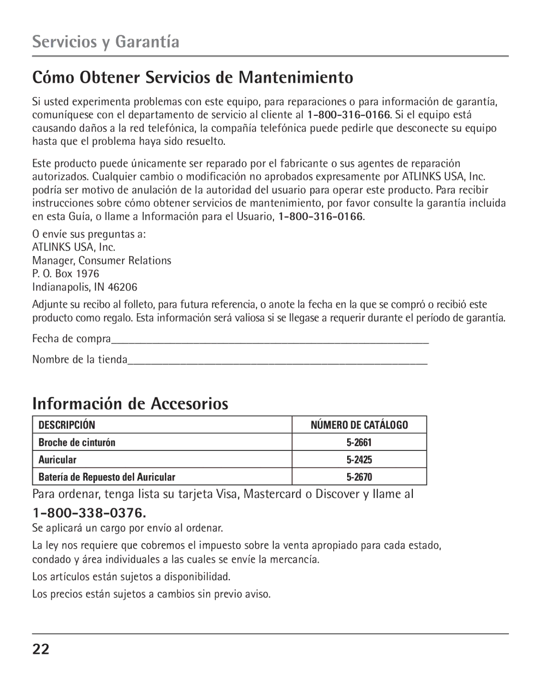 GE 23200, 00004007 manual Servicios y Garantía, Cómo Obtener Servicios de Mantenimiento, Información de Accesorios 