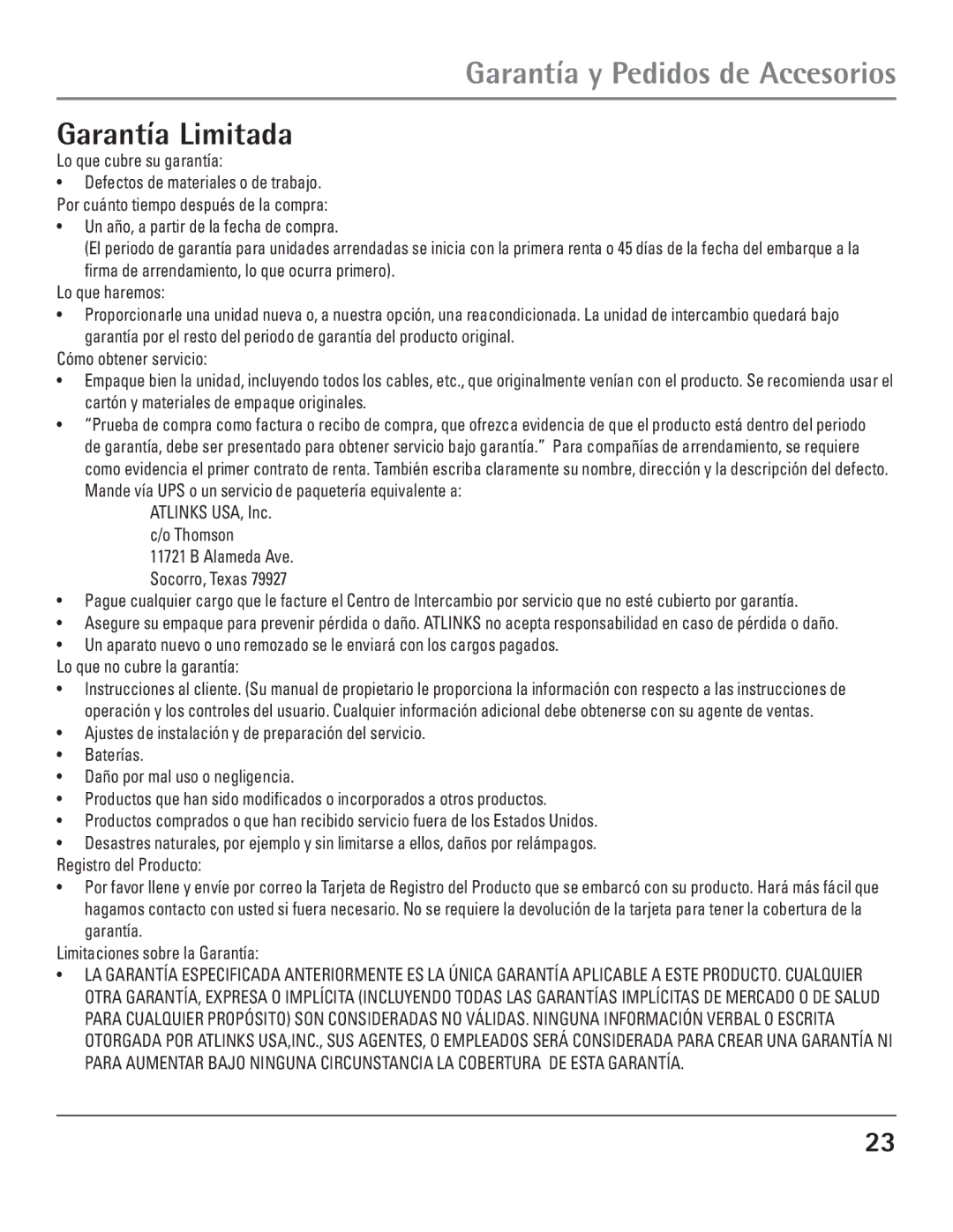 GE 00004007, 23200 manual Garantía y Pedidos de Accesorios, Garantía Limitada 