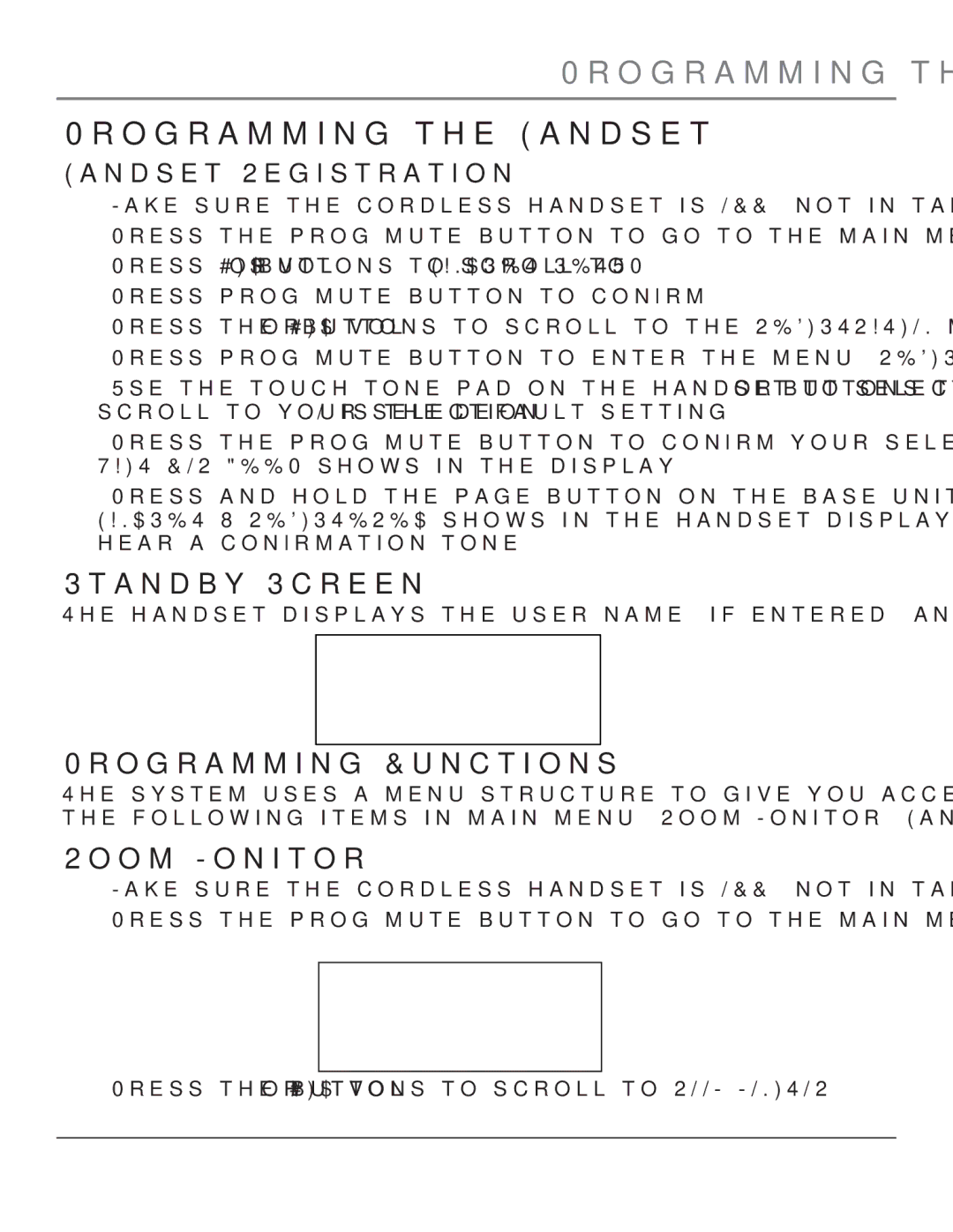 GE 00004007, 23200 manual Programming the Handset, Standby Screen, Programming Functions, Room Monitor 