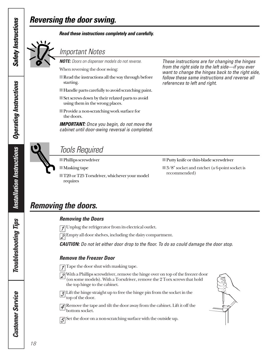 GE 24 Reversing the door swing, Tools Required, Removing the doors, Removing the Doors, Remove the Freezer Door 