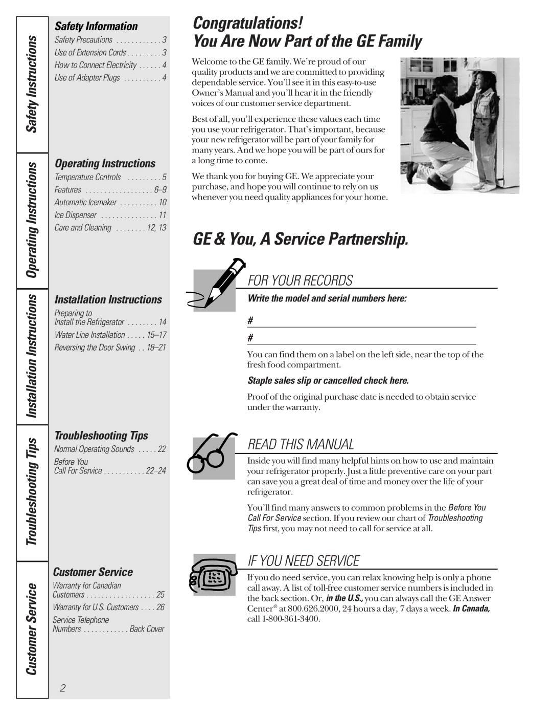 GE 24 owner manual Congratulations You Are Now Part of the GE Family, GE & You, a Service Partnership, Customer Service 