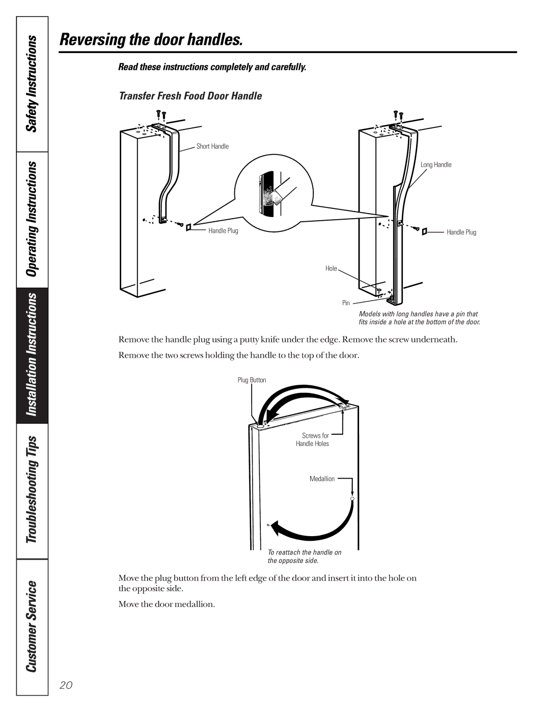 GE 24 owner manual Reversing the door handles, Transfer Fresh Food Door Handle 