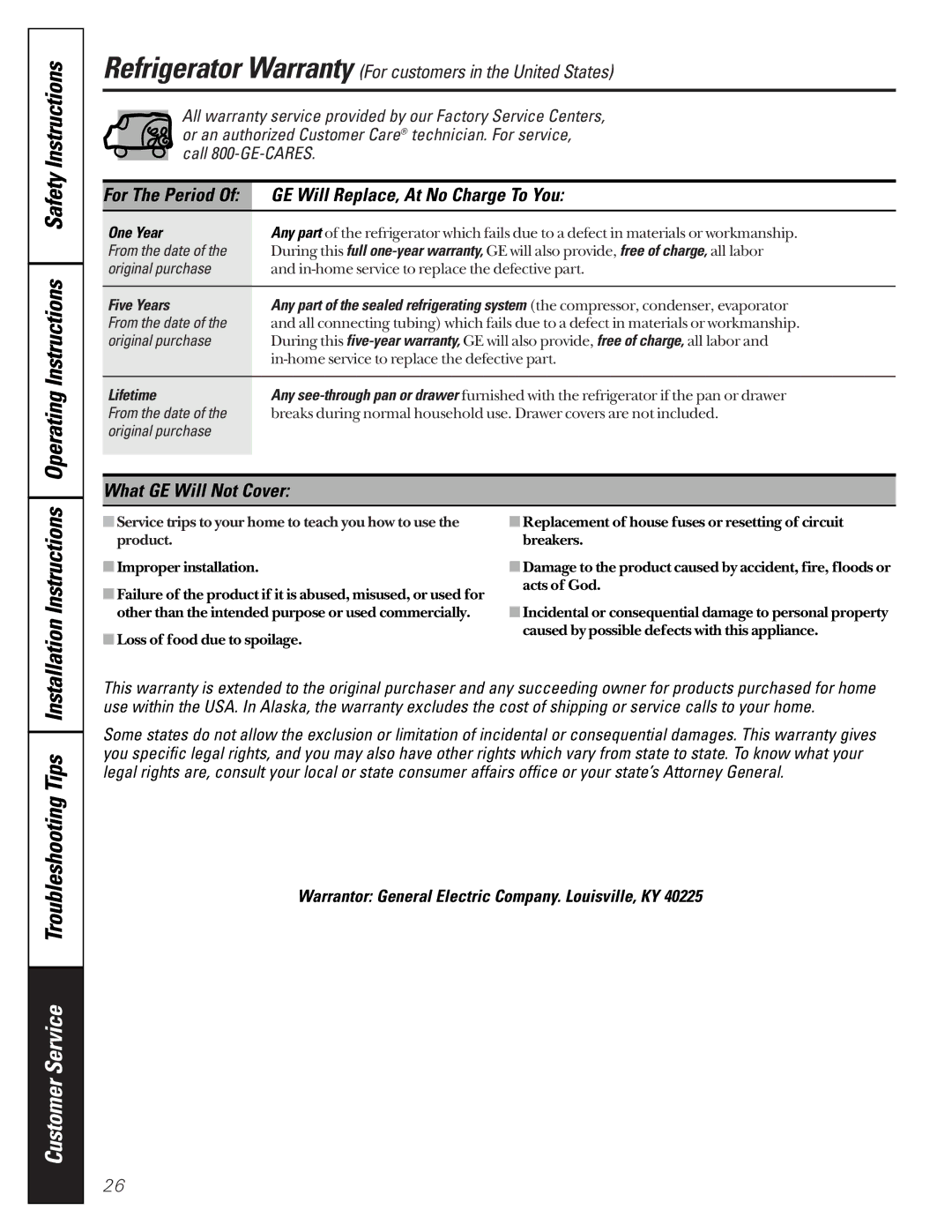 GE 24 owner manual OperatingInstructions SafetyInstructions, Customer Service, GE Will Replace, At No Charge To You 