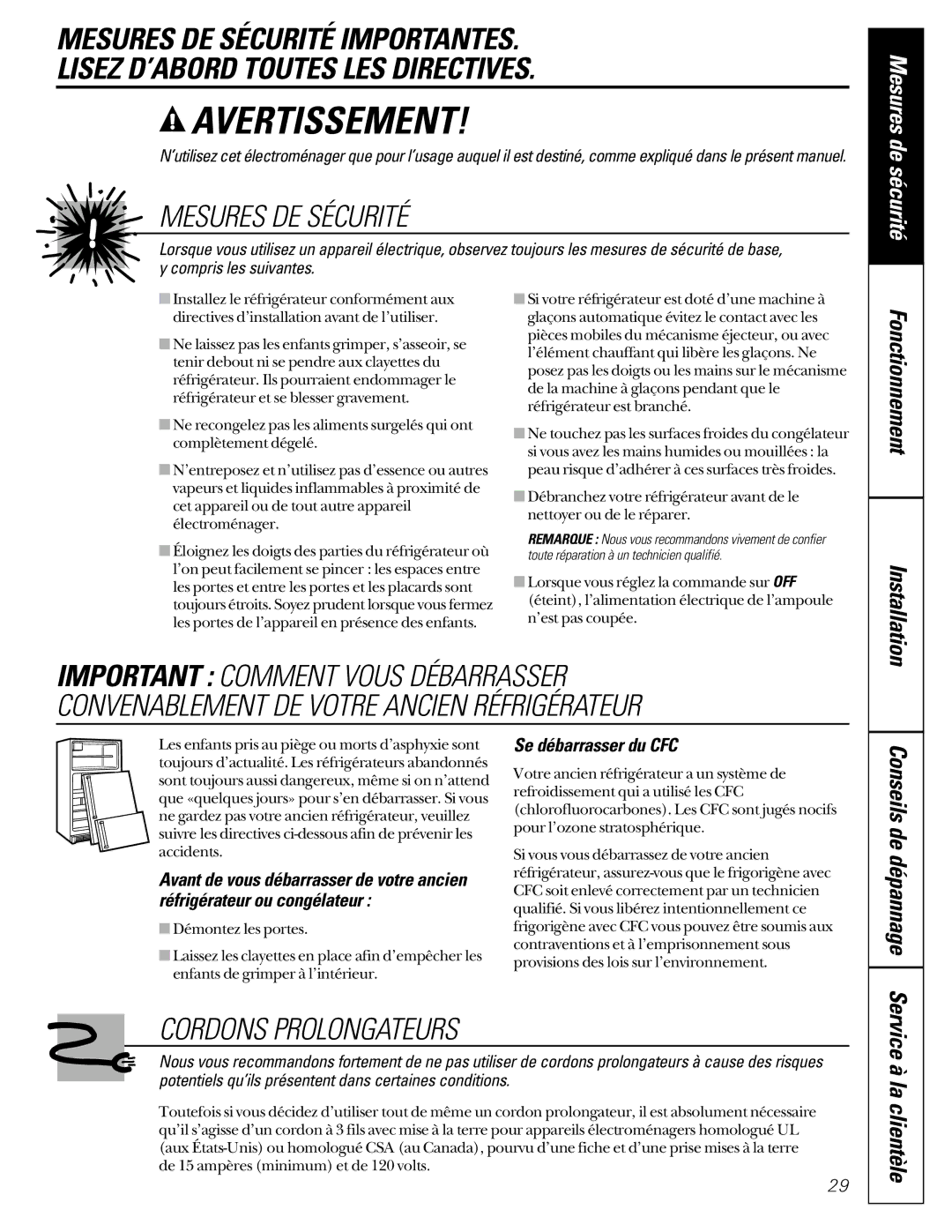 GE 24 owner manual Mesures de sécurité, Conseils de dépannage, Service à la clientèle, Se débarrasser du CFC 