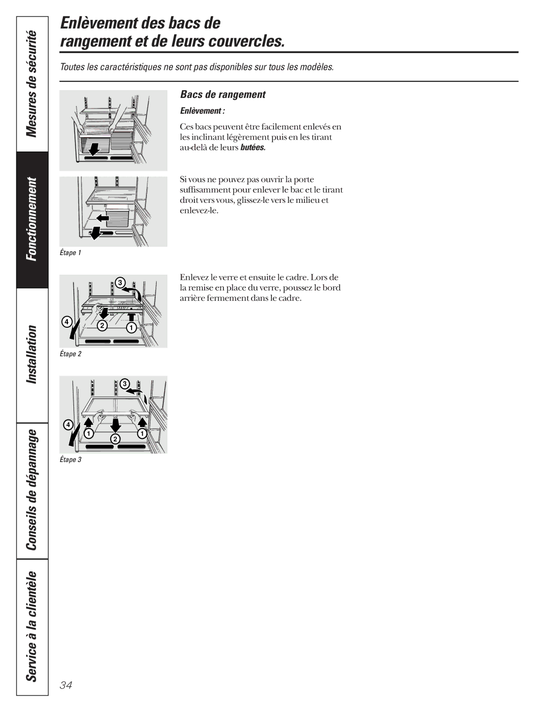 GE 24 owner manual Enlèvement des bacs de rangement et de leurs couvercles, Service à la clientèle Conseils de dépannage 