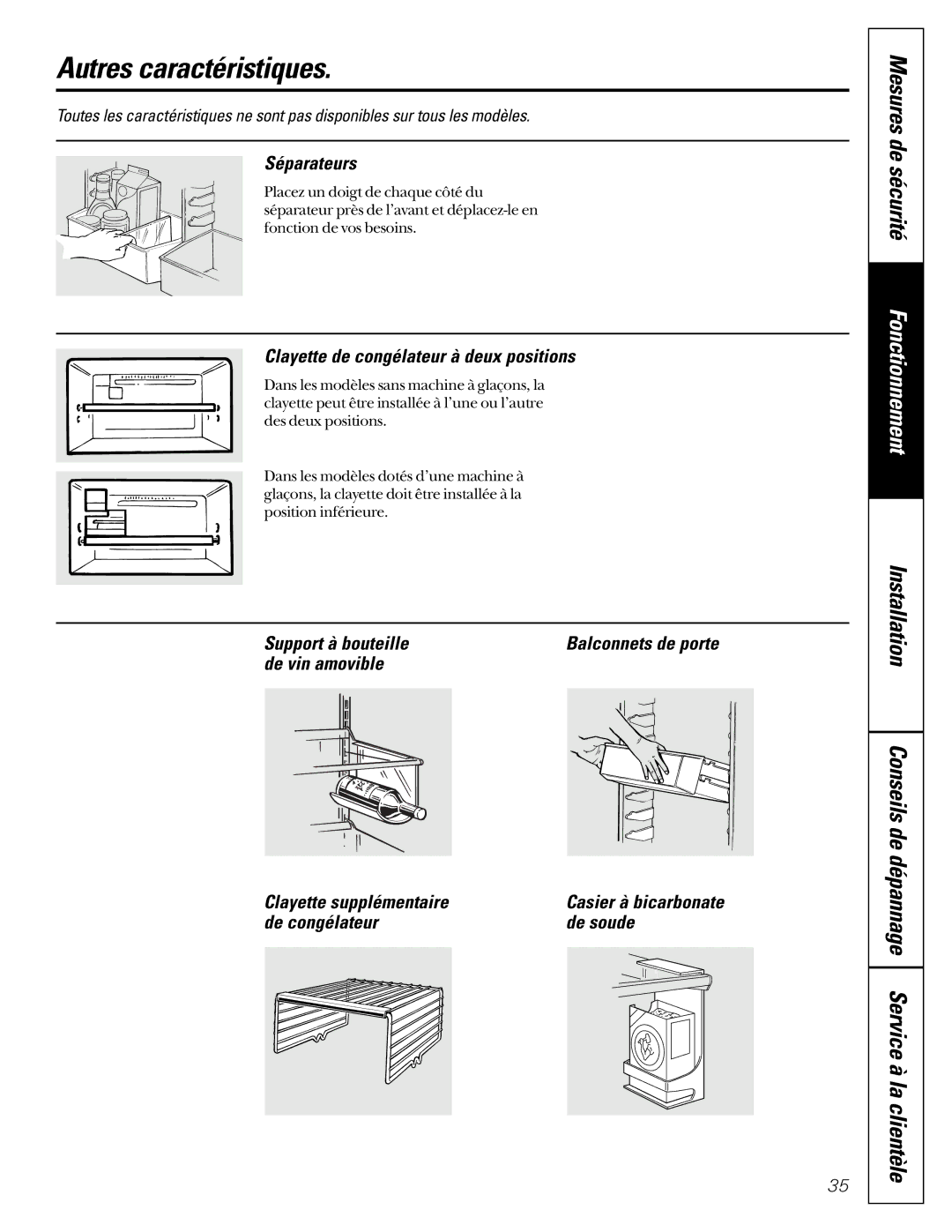 GE 24 owner manual Autres caractéristiques, Séparateurs, Clayette de congélateur à deux positions, Support à bouteille 