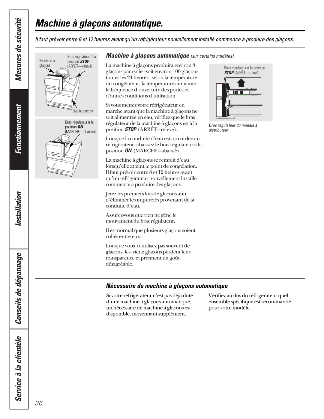 GE 24 owner manual Machine à glaçons automatique, De sécurité, Installation Dépannage, Service à la clientèle Conseils de 