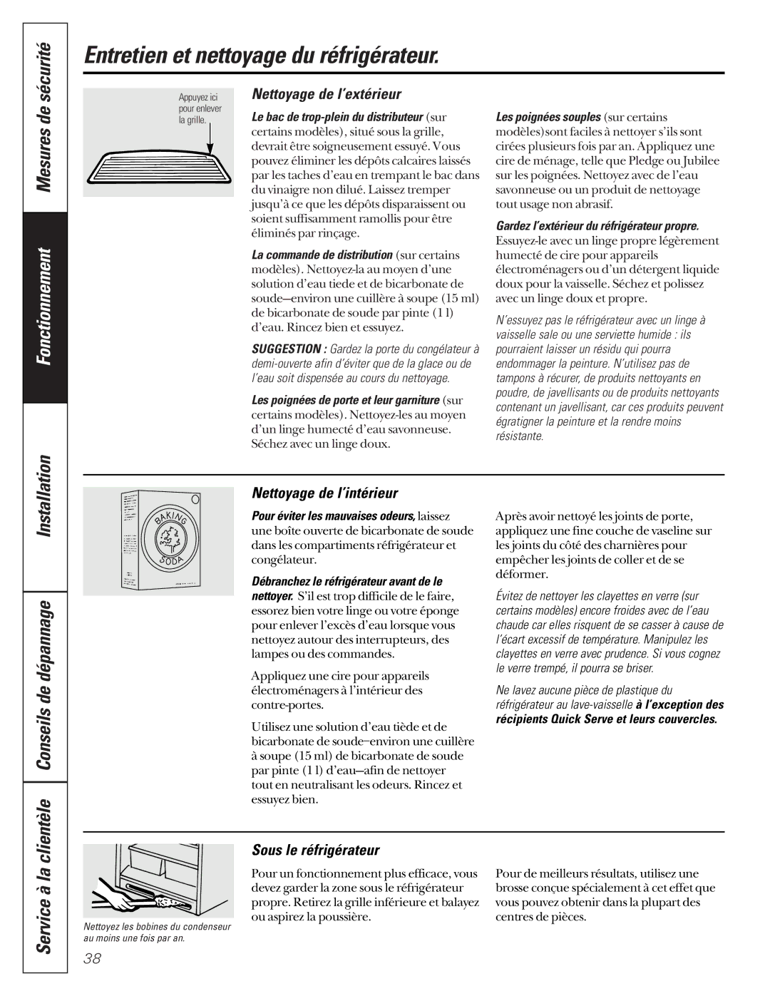 GE 24 owner manual Entretien et nettoyage du réfrigérateur, Mesures de, Clientèle Conseils de dépannage, Service à la 