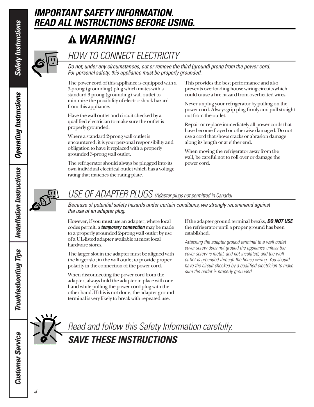 GE 24 owner manual OperatingInstructions, TroubleshootingTips, CustomerService 