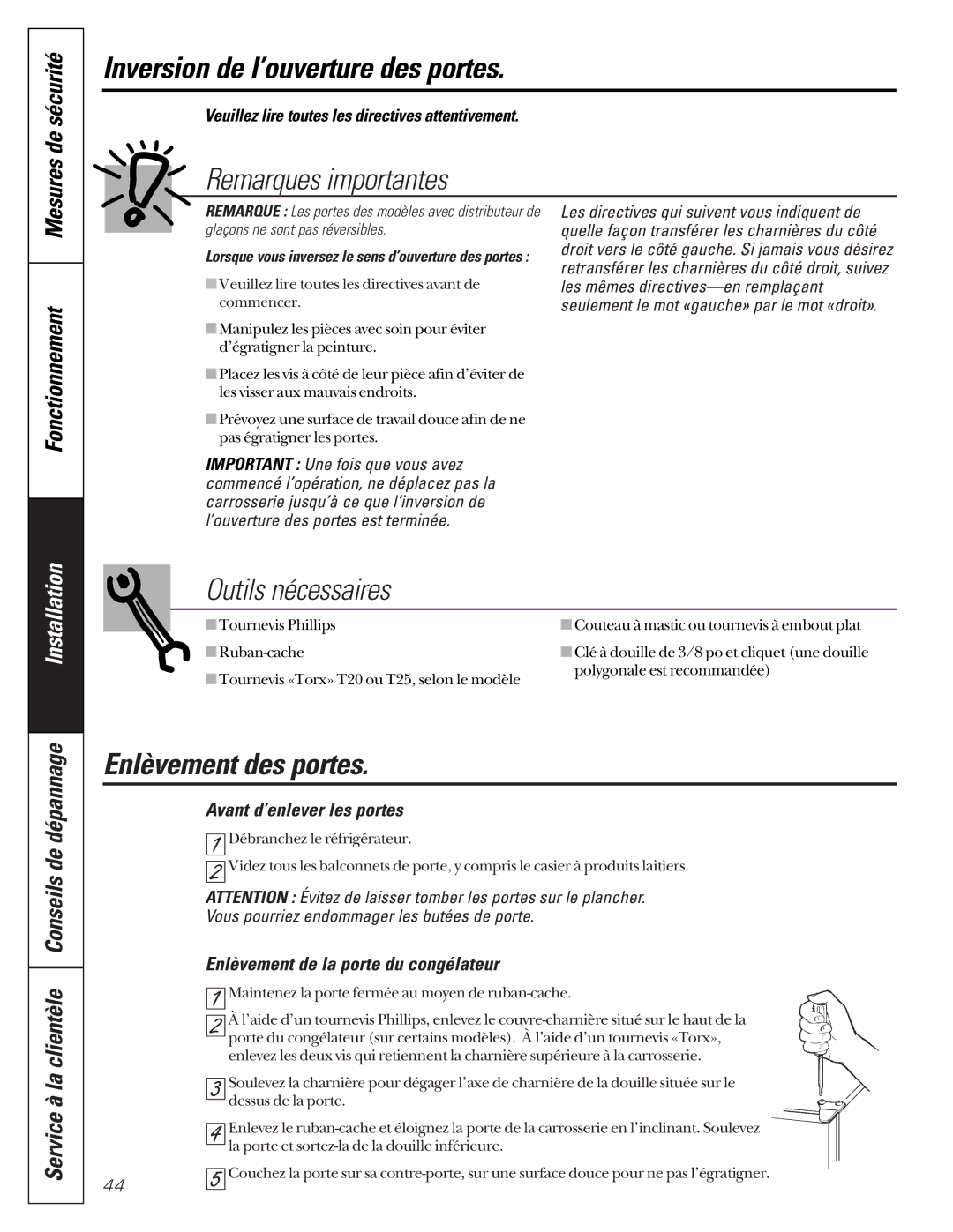 GE 24 owner manual Inversion de l’ouverture des portes, Remarques importantes, Outils nécessaires, Enlèvement des portes 