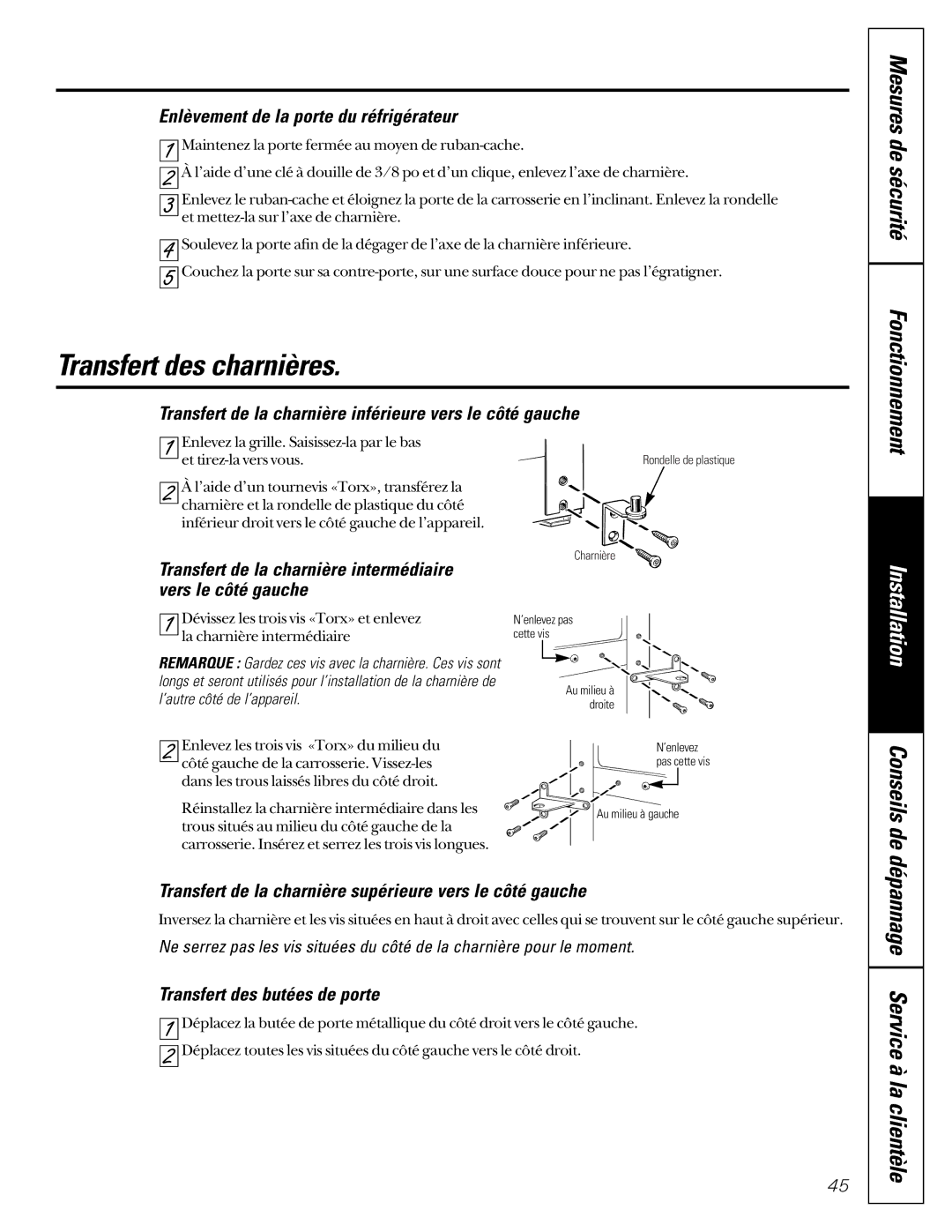 GE 24 Transfert des charnières, Mesures de sécurité Fonctionnement, Conseils de, Dépannage Service à la clientèle 