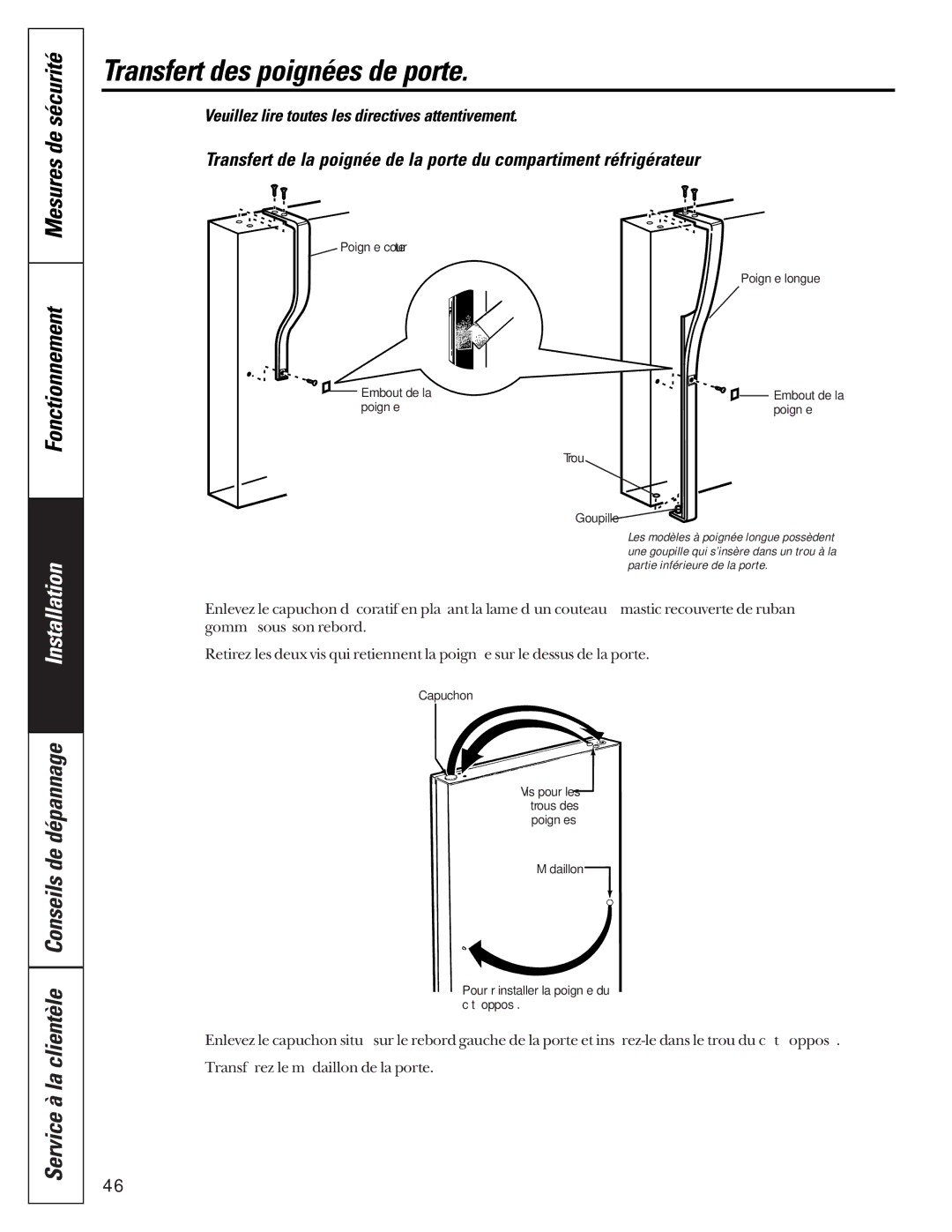 GE 24 owner manual Transfert des poignées de porte, Service à la clientèle Conseils de dépannage 