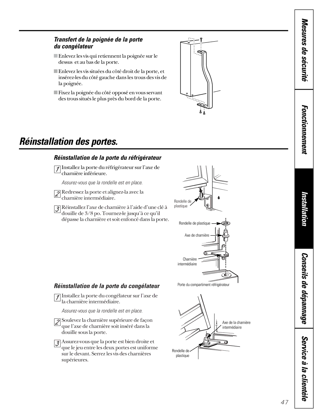 GE 24 owner manual Réinstallation des portes, Transfert de la poignée de la porte du congélateur 