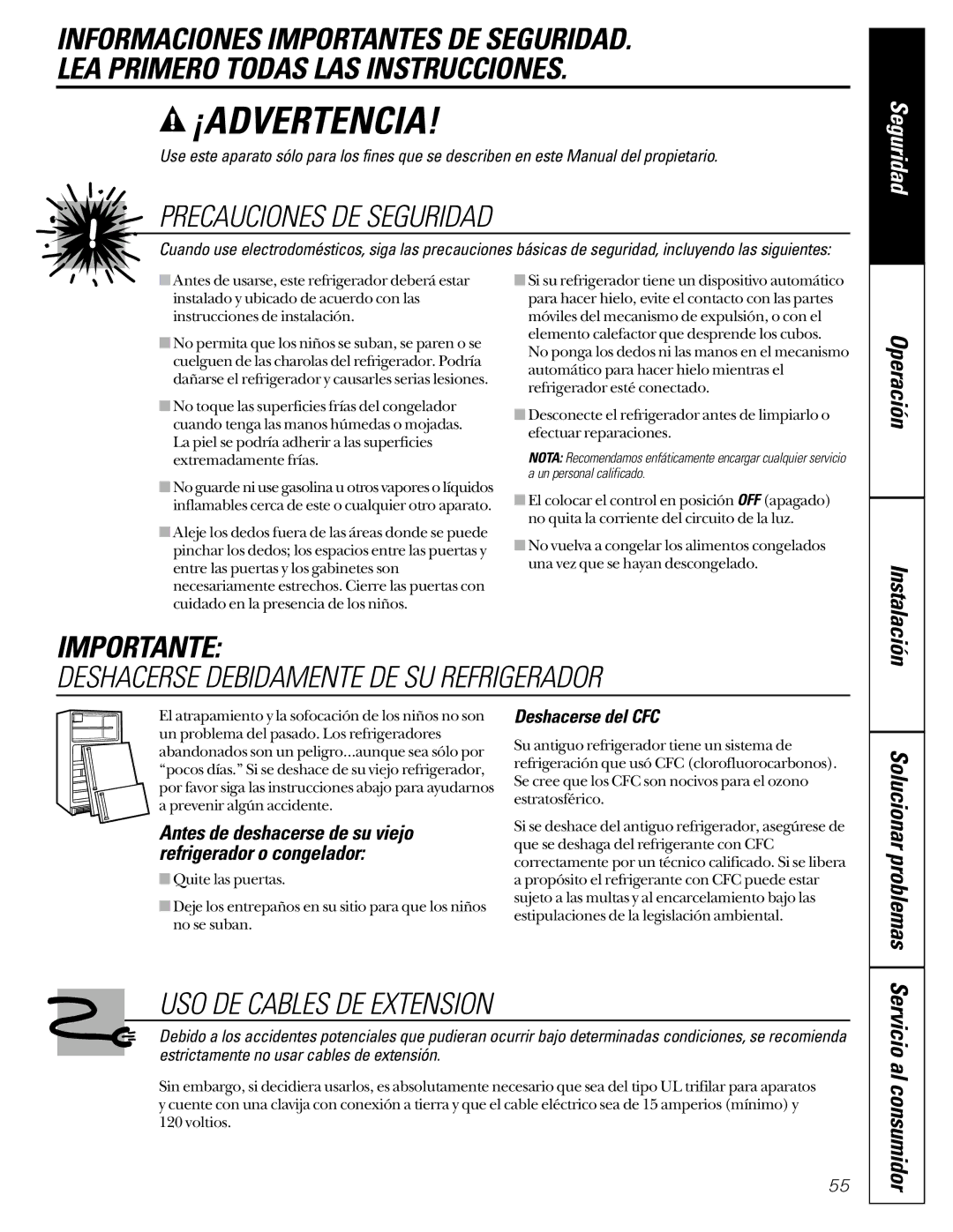 GE 24 owner manual Seguridad, Solucionar problemas, Servicio al consumidor, Deshacerse del CFC 