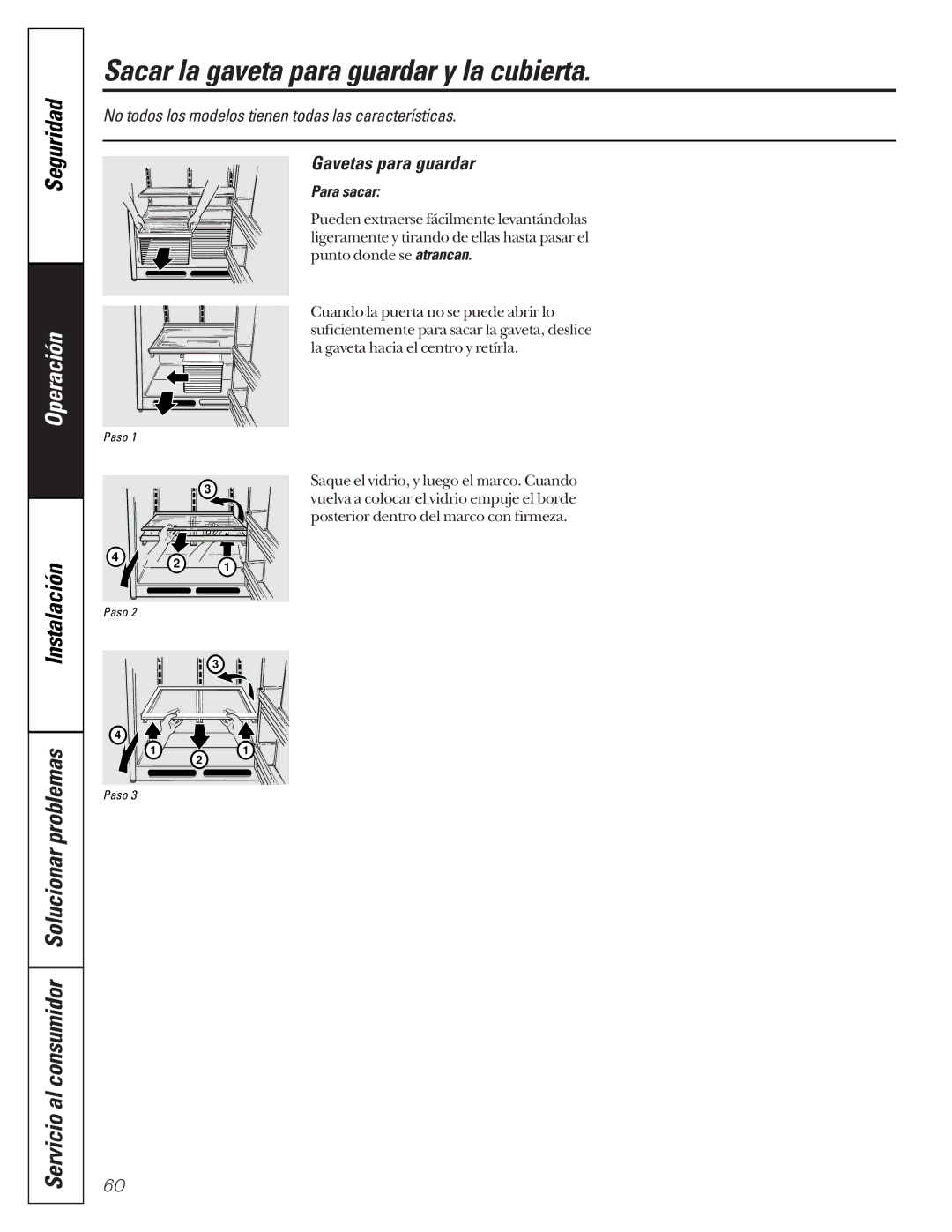 GE 24 Sacar la gaveta para guardar y la cubierta, Servicio al consumidor Solucionar problemas, Gavetas para guardar 