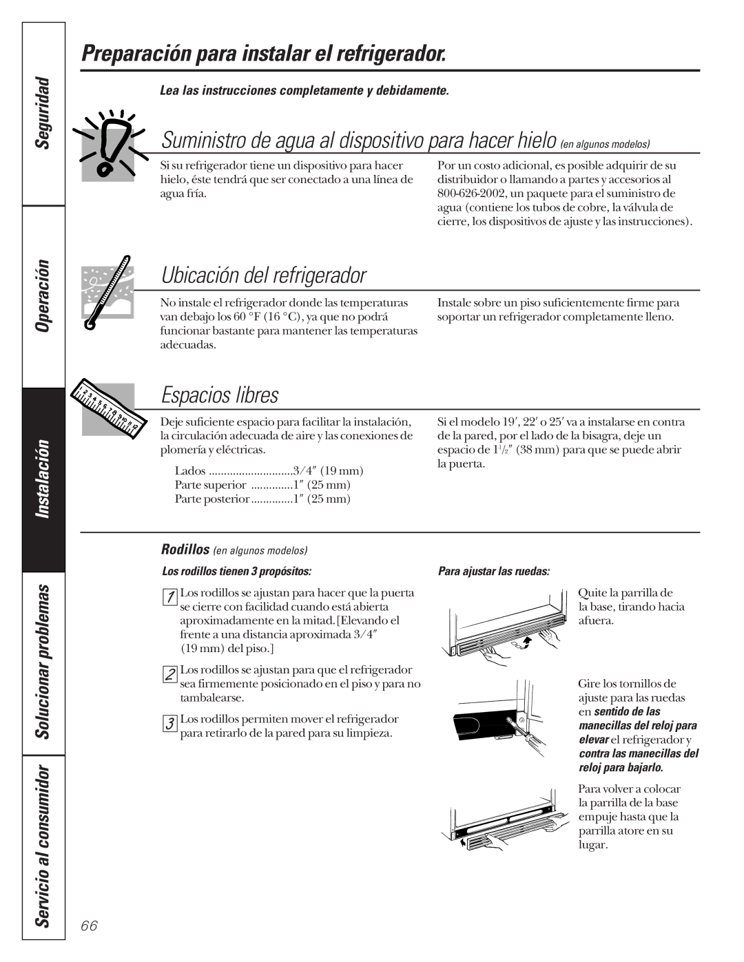 GE 24 owner manual Preparación para instalar el refrigerador, Ubicación del refrigerador, Espacios libres, Instalación 