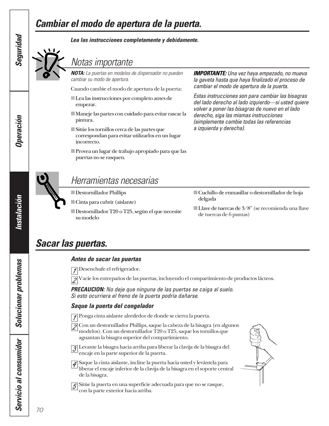 GE 24 owner manual Cambiar el modo de apertura de la puerta, Notas importante, Herramientas necesarias, Sacar las puertas 