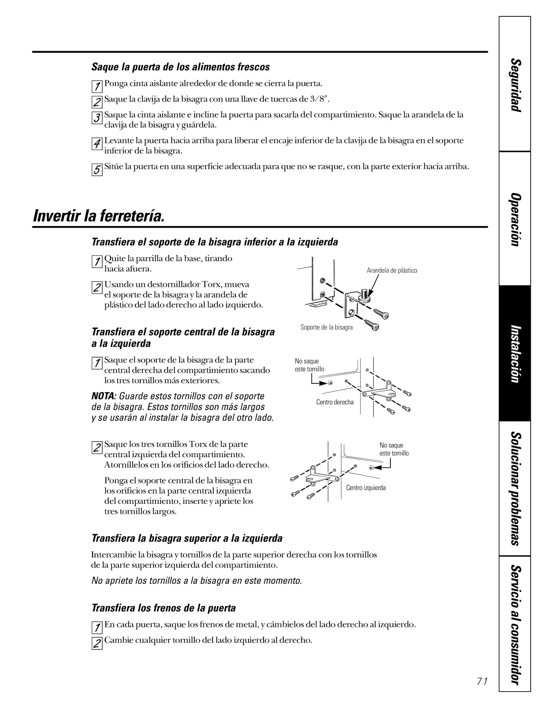 GE 24 owner manual Invertir la ferretería 