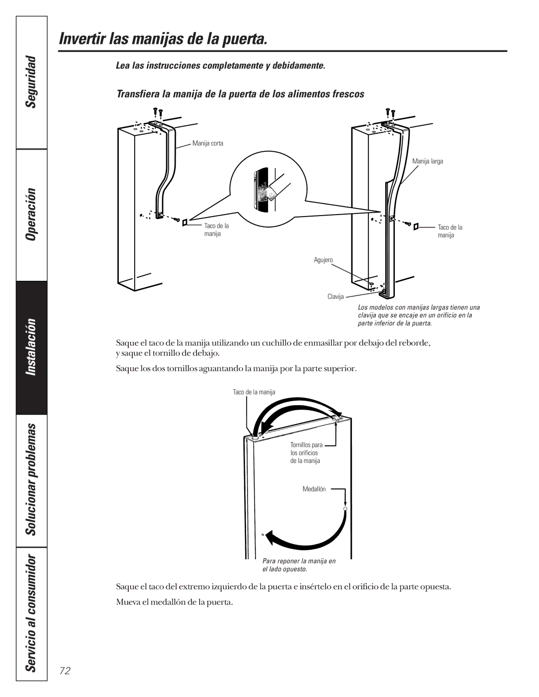 GE 24 owner manual Invertir las manijas de la puerta, Transfiera la manija de la puerta de los alimentos frescos 