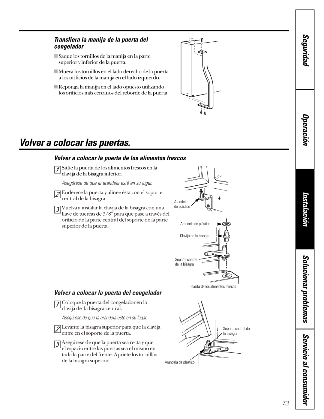 GE 24 owner manual Volver a colocar las puertas, Problemas Servicio al consumidor, Solucionar 