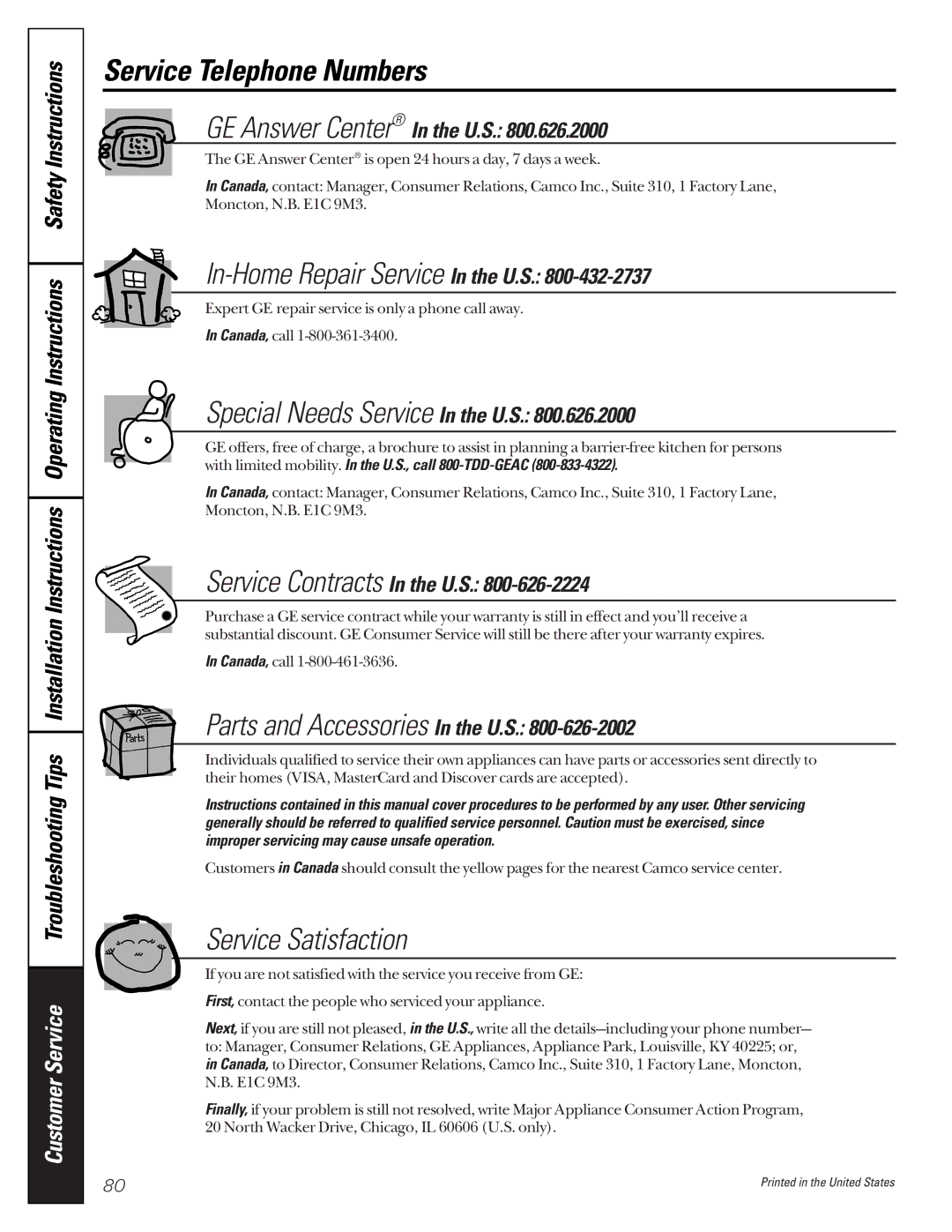 GE 24 owner manual Service Telephone Numbers, Service Satisfaction 
