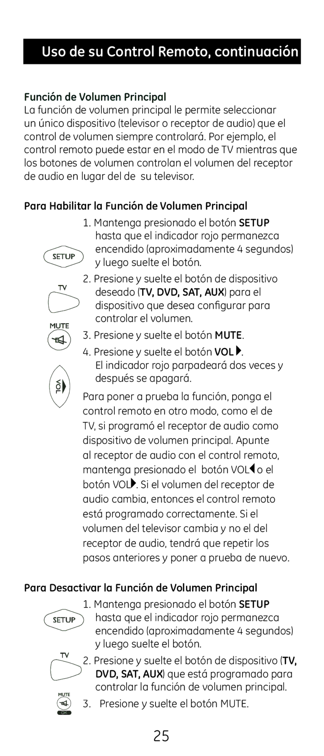 GE 24914 instruction manual Uso de su Control Remoto, continuación, Función de Volumen Principal 