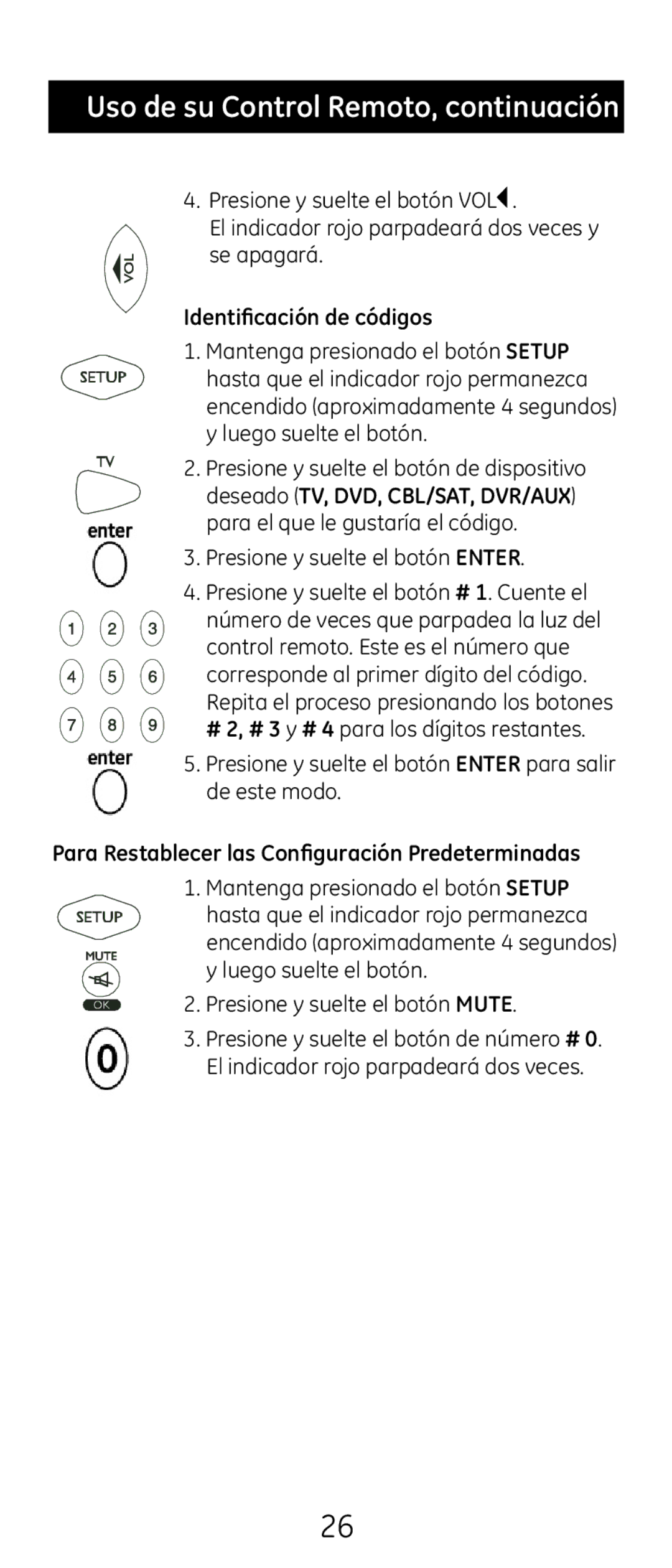 GE 24914 instruction manual Identificación de códigos, Para Restablecer las Configuración Predeterminadas 