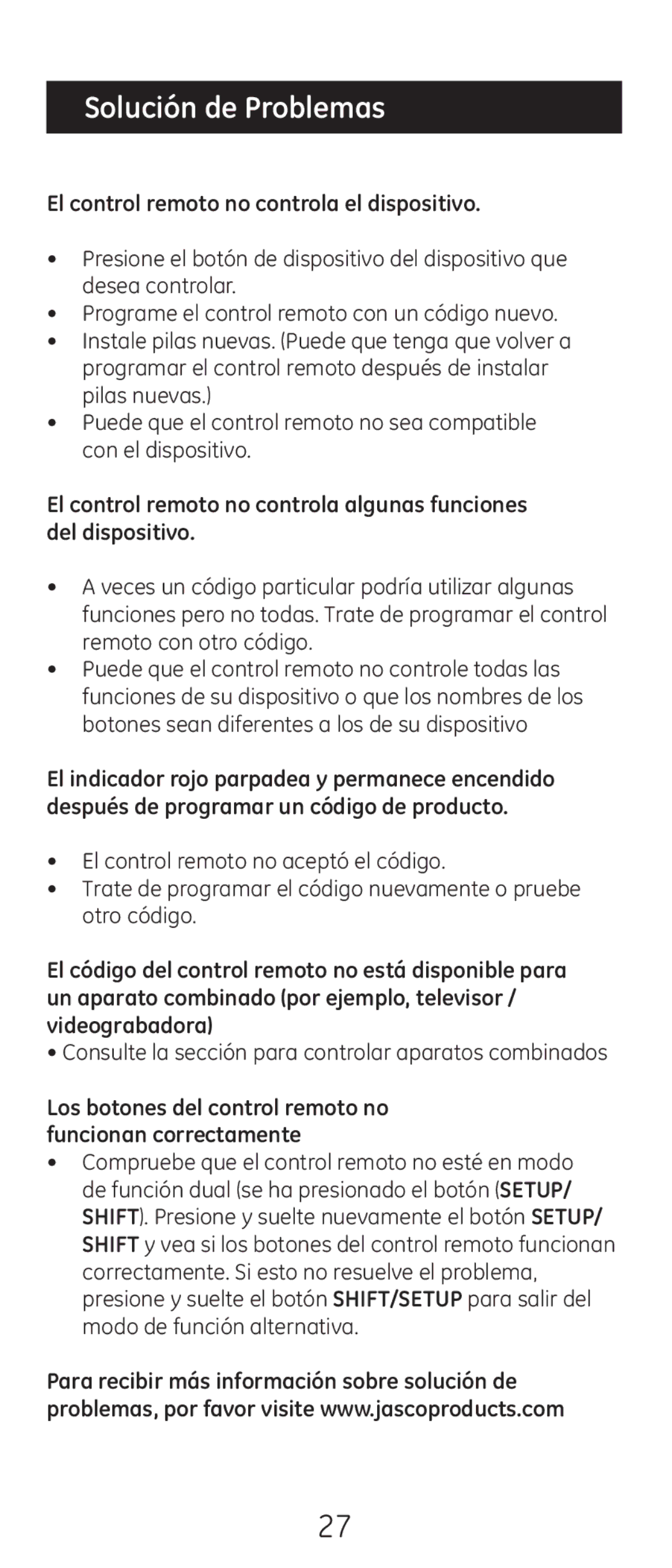 GE 24914 instruction manual Solución de Problemas, El control remoto no controla el dispositivo 