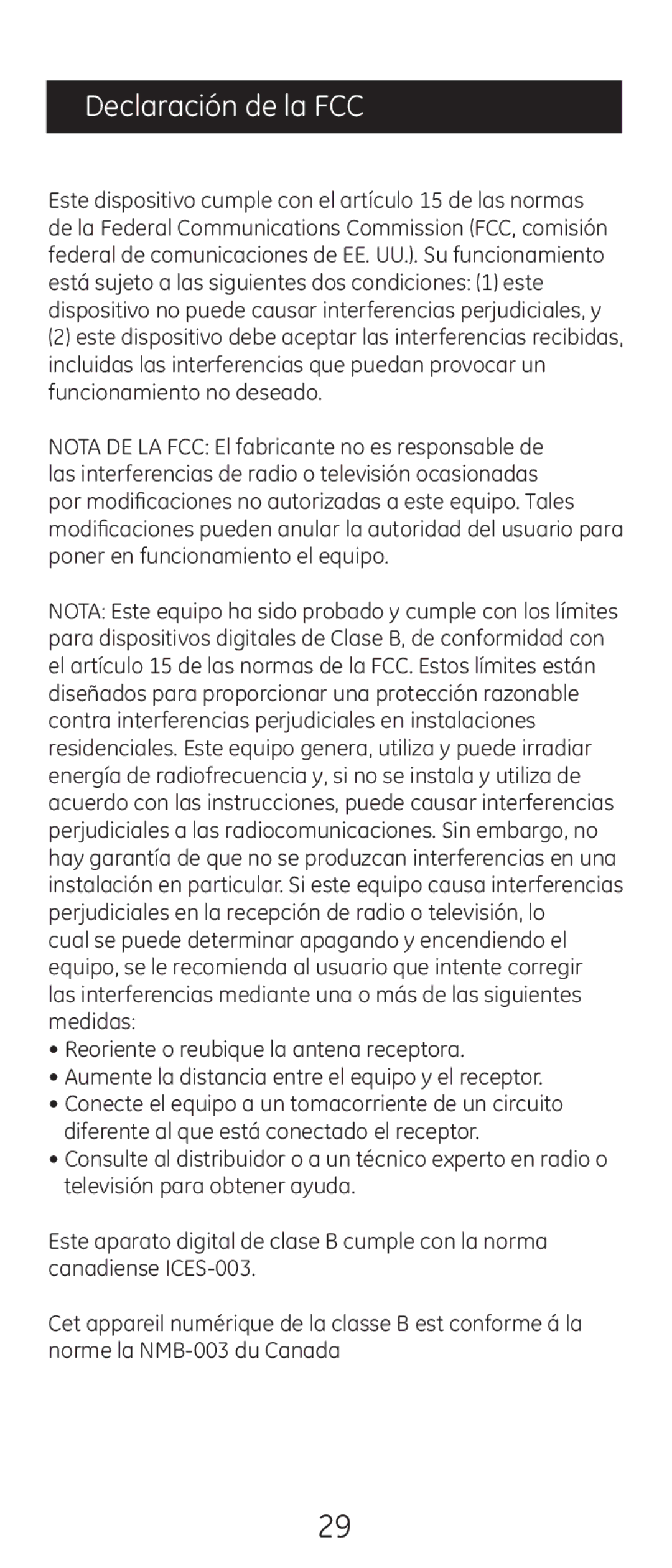 GE 24914 instruction manual Declaración de la FCC 